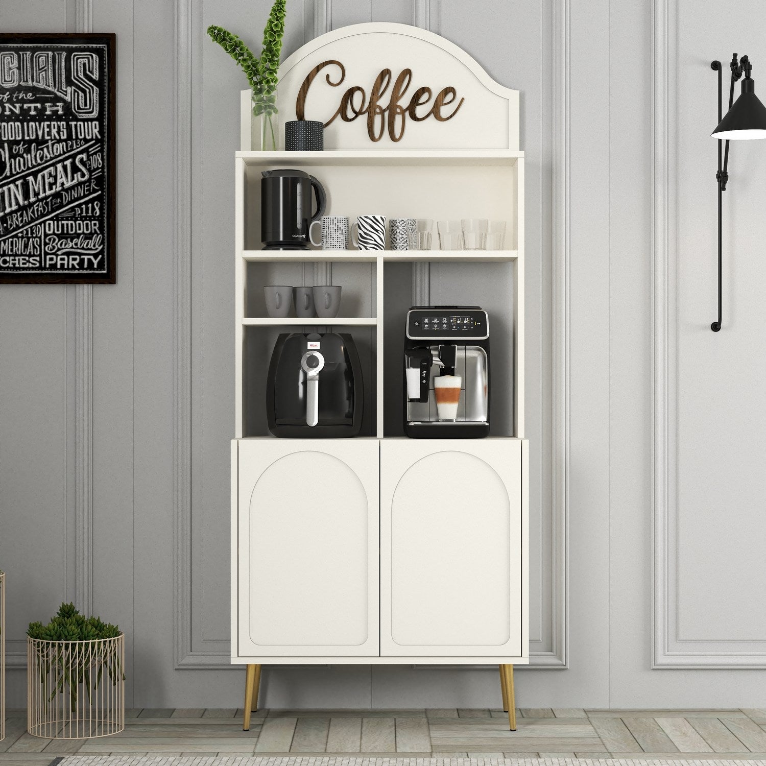 Armário para café – 81.3 cm x 201 cm x 35 cm – Creme e Dourado – Painel de partículas revestido a melamina