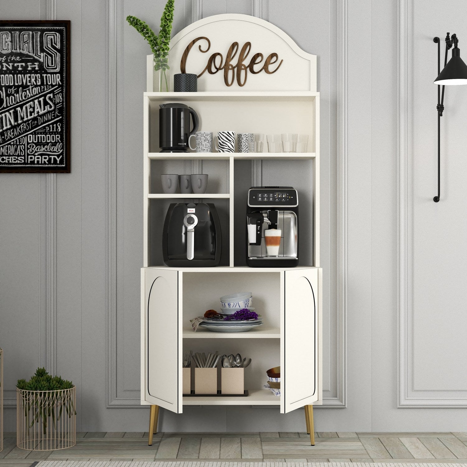 Armário para café – 81.3 cm x 201 cm x 35 cm – Creme e Dourado – Painel de partículas revestido a melamina