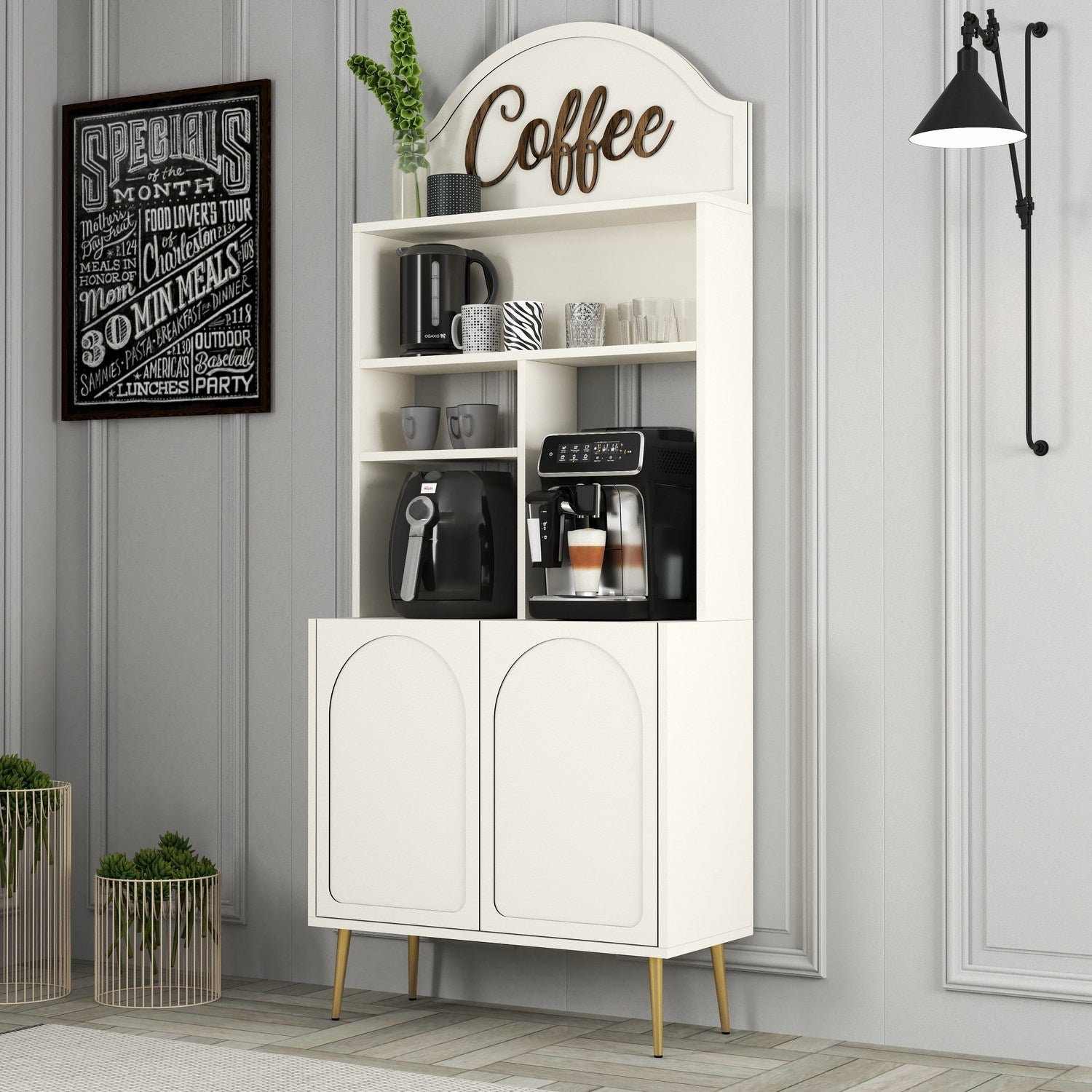 Armário para café – 81.3 cm x 201 cm x 35 cm – Creme e Dourado – Painel de partículas revestido a melamina