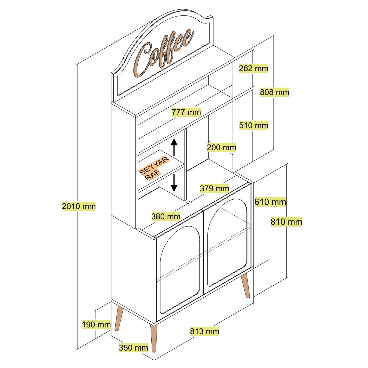 Armário para café – 81.3 cm x 201 cm x 35 cm – Creme e Dourado – Painel de partículas revestido a melamina