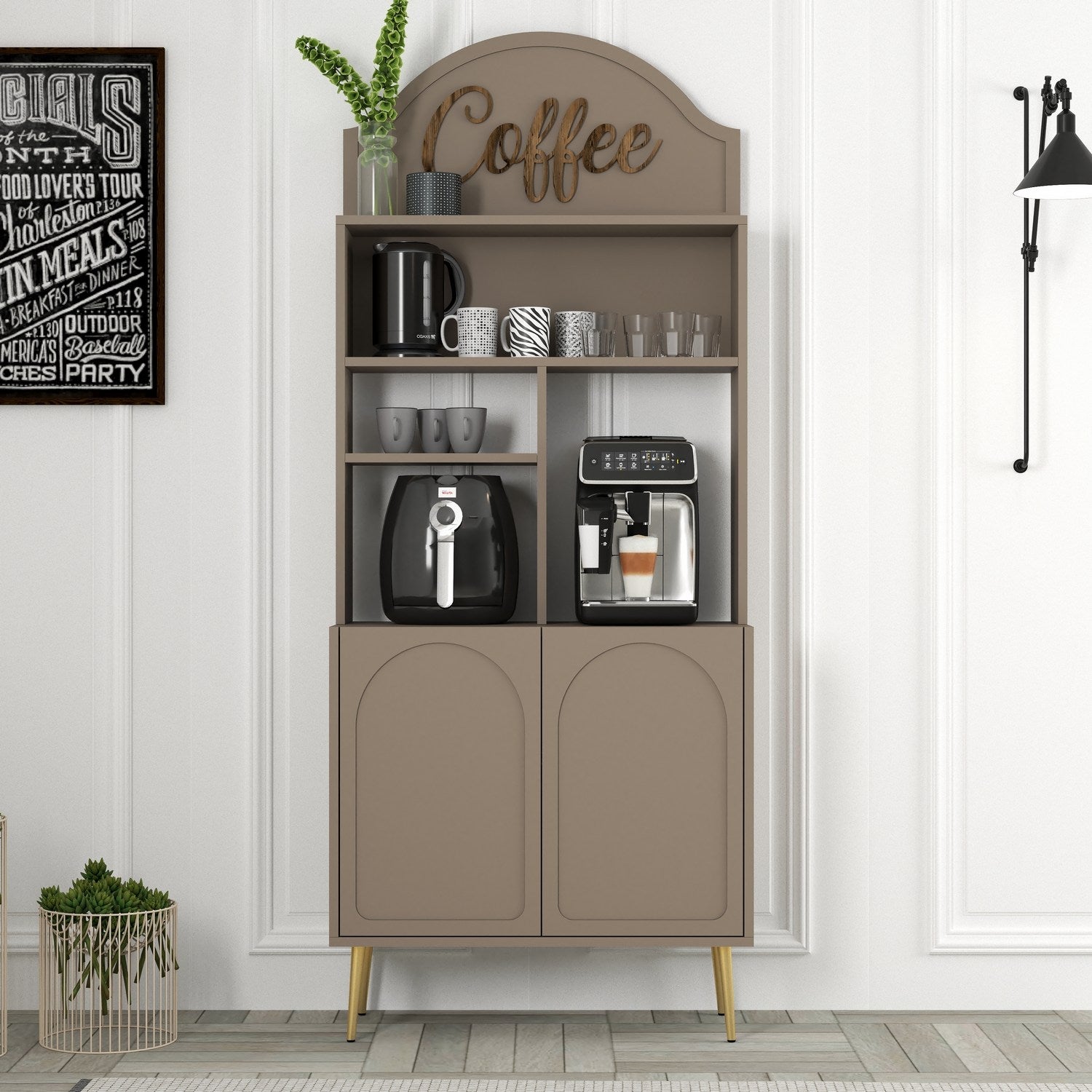 Armário de bar – 81.3 cm x 201 cm x 35 cm – Atlas e dourado – Painel de partículas revestido a melamina