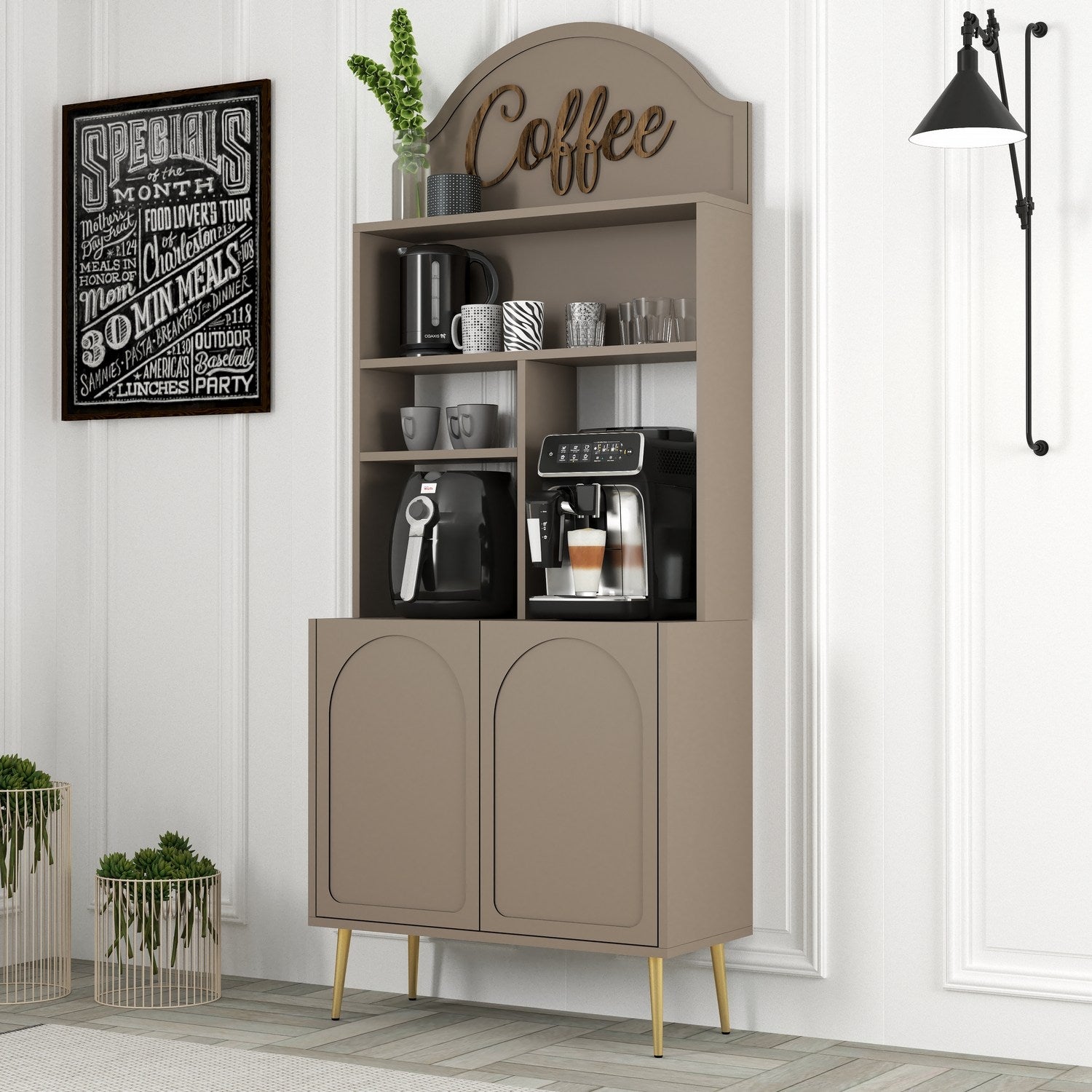 Armário de bar – 81.3 cm x 201 cm x 35 cm – Atlas e dourado – Painel de partículas revestido a melamina