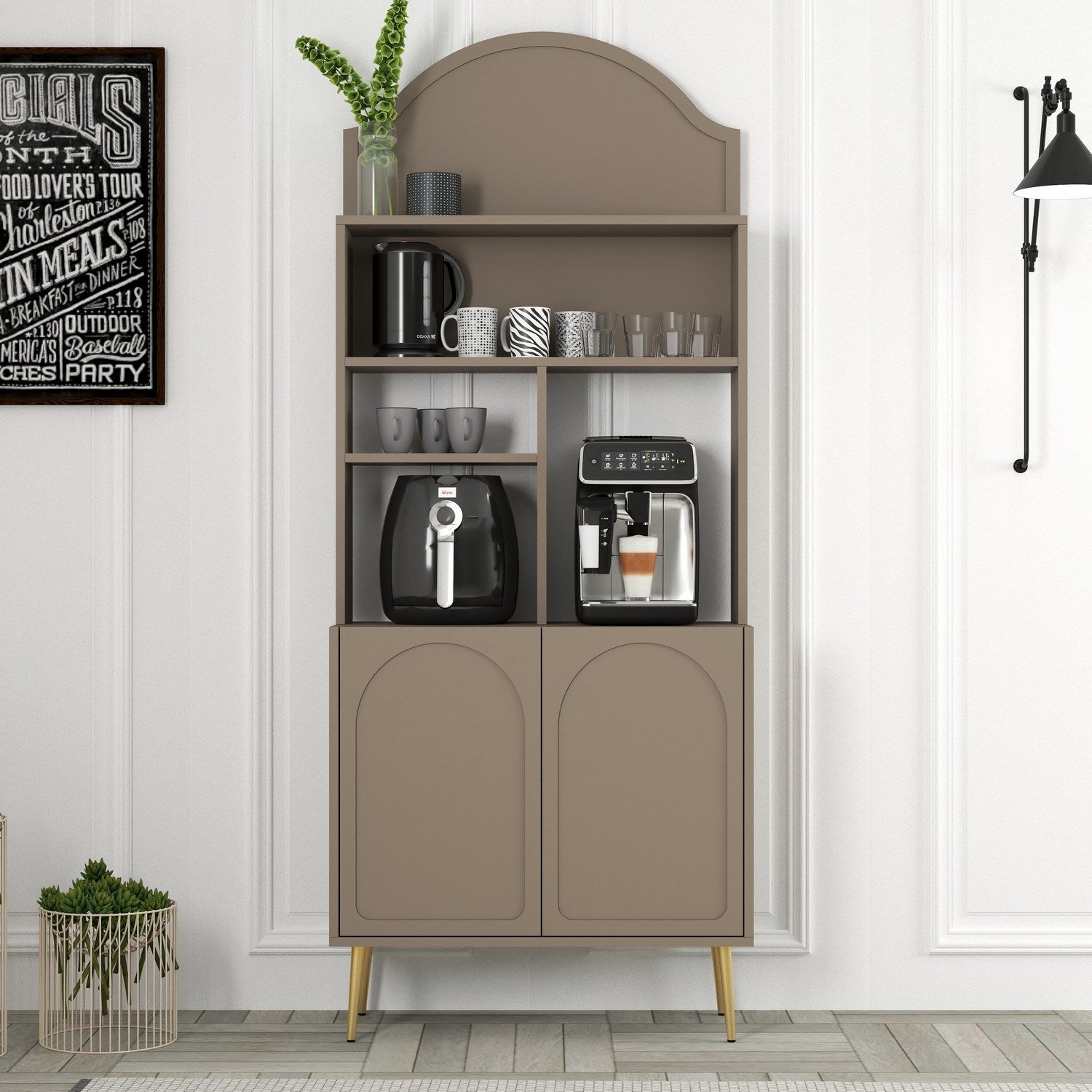 Armário de bar – 81.3 cm x 201 cm x 35 cm – Atlas e dourado – Painel de partículas revestido a melamina