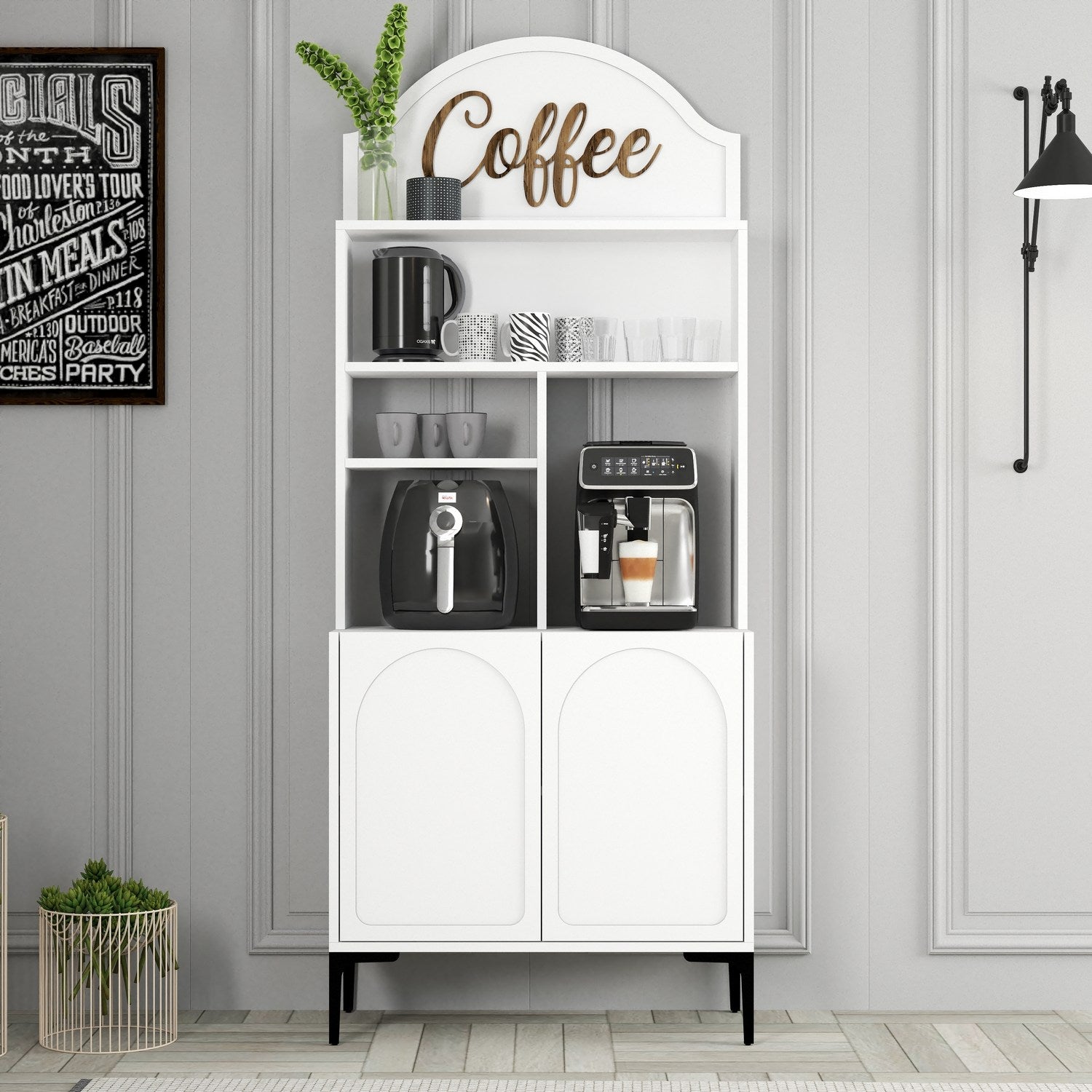Armário de bar – 81.3cm x 201cm x 35cm – Branco e Preto – Painéis de partículas revestidos a melamina