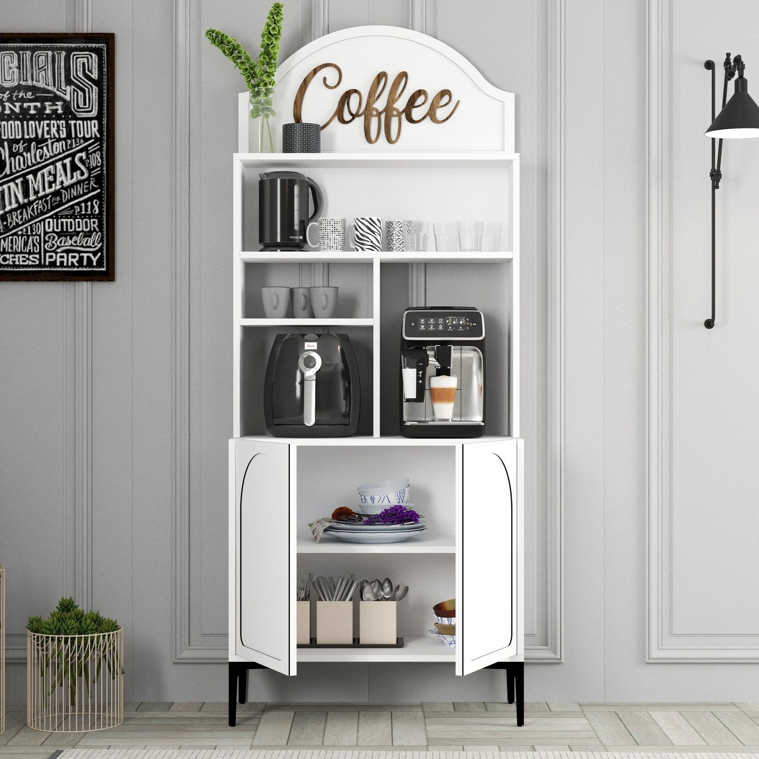 Armário de bar – 81.3cm x 201cm x 35cm – Branco e Preto – Painéis de partículas revestidos a melamina