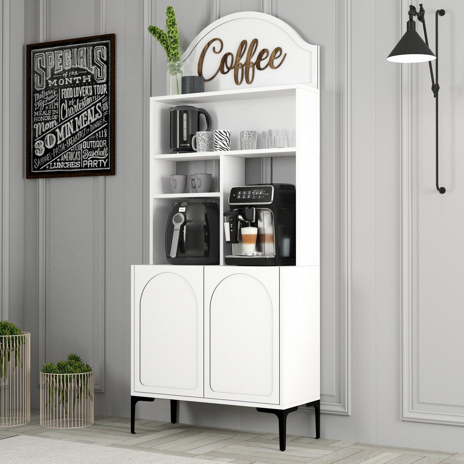 Armário de bar – 81.3cm x 201cm x 35cm – Branco e Preto – Painéis de partículas revestidos a melamina