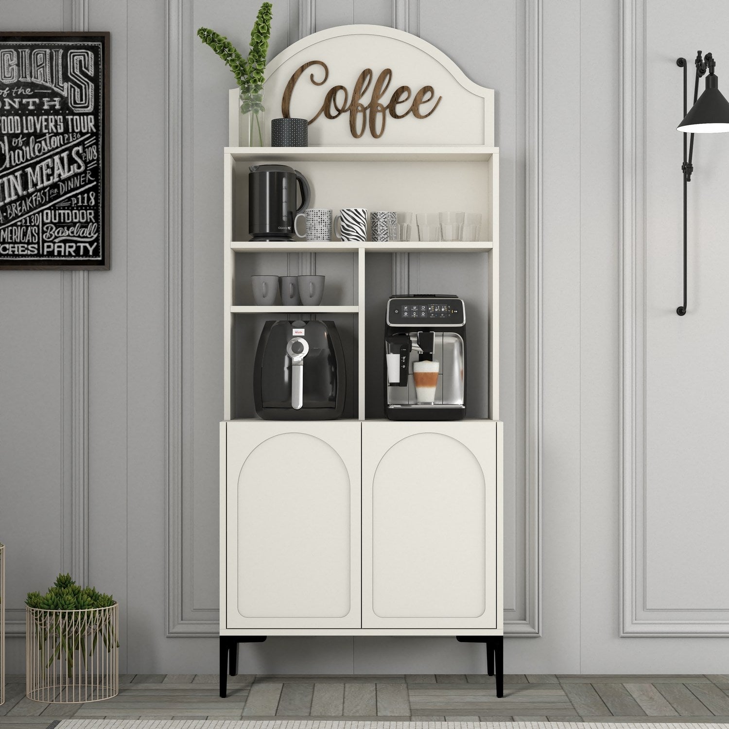 Armário de café – 81.3cm x 201cm x 35cm – Creme e Preto – Painéis de partículas revestidos a melamina