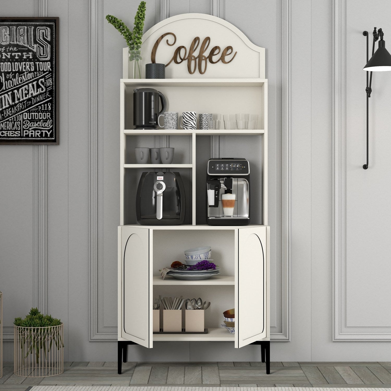 Armário de café – 81.3cm x 201cm x 35cm – Creme e Preto – Painéis de partículas revestidos a melamina