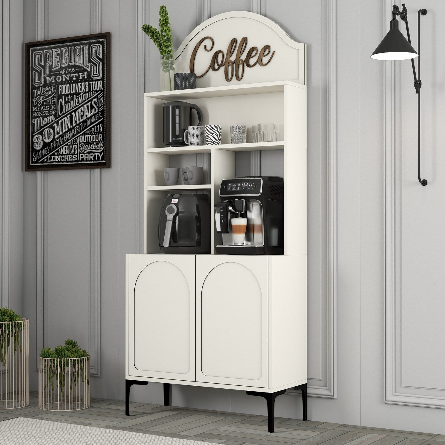 Armário de café – 81.3cm x 201cm x 35cm – Creme e Preto – Painéis de partículas revestidos a melamina