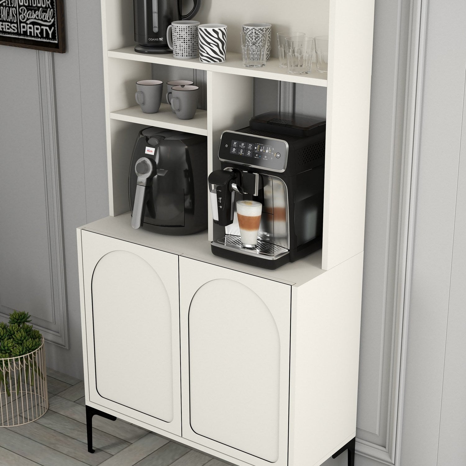 Armário de café – 81.3cm x 201cm x 35cm – Creme e Preto – Painéis de partículas revestidos a melamina