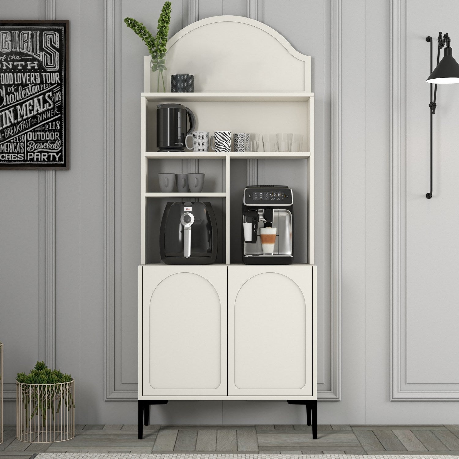 Armário de café – 81.3cm x 201cm x 35cm – Creme e Preto – Painéis de partículas revestidos a melamina