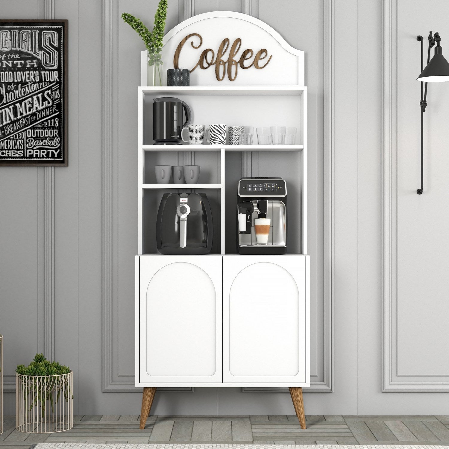 Armário de bar para café – 81.3 cm x 201 cm x 35 cm – Branco e Nogueira – Painéis de partículas revestidos a melamina