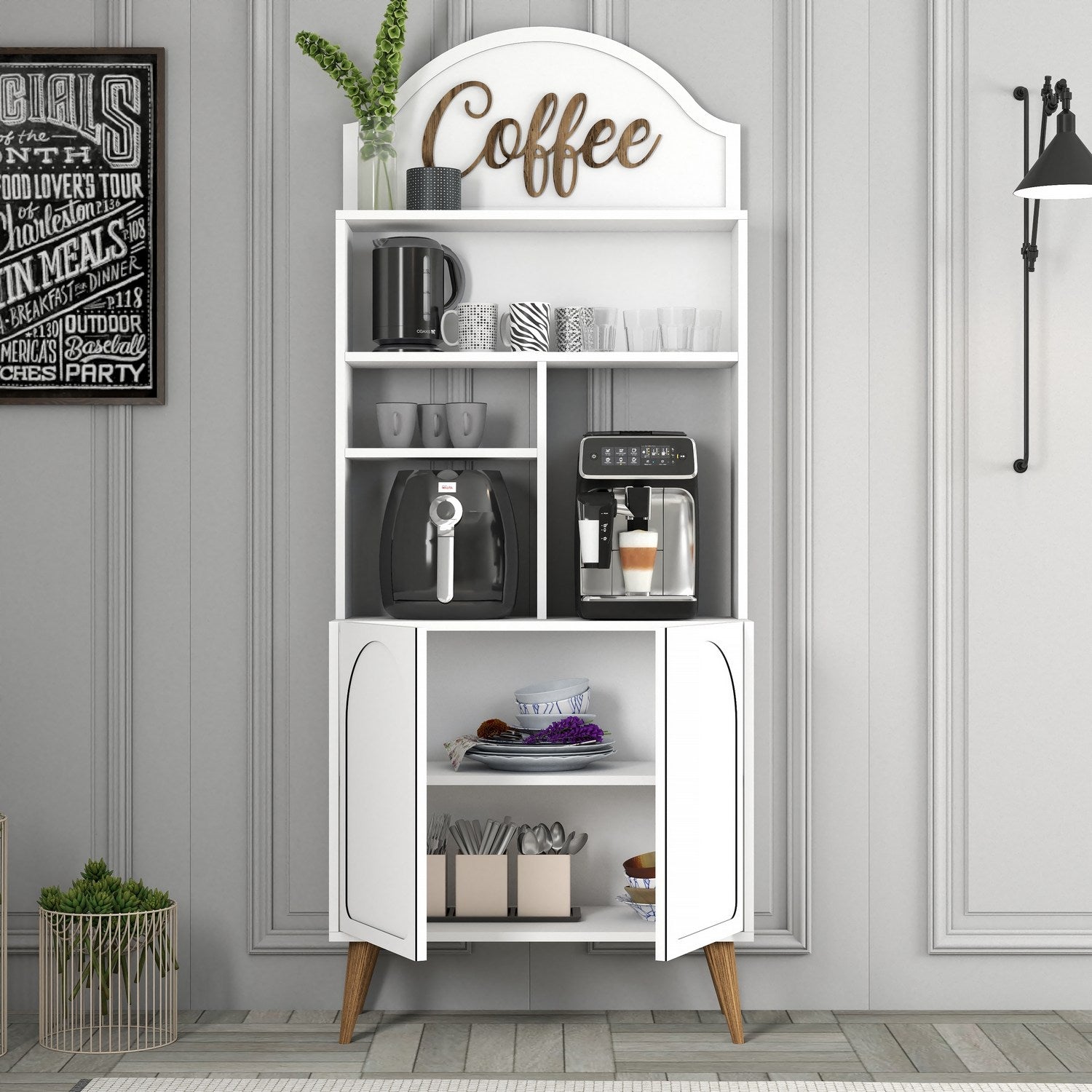 Armário de bar para café – 81.3 cm x 201 cm x 35 cm – Branco e Nogueira – Painéis de partículas revestidos a melamina
