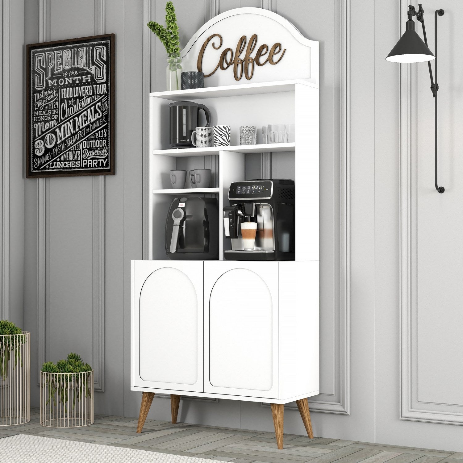 Armário de bar para café – 81.3 cm x 201 cm x 35 cm – Branco e Nogueira – Painéis de partículas revestidos a melamina