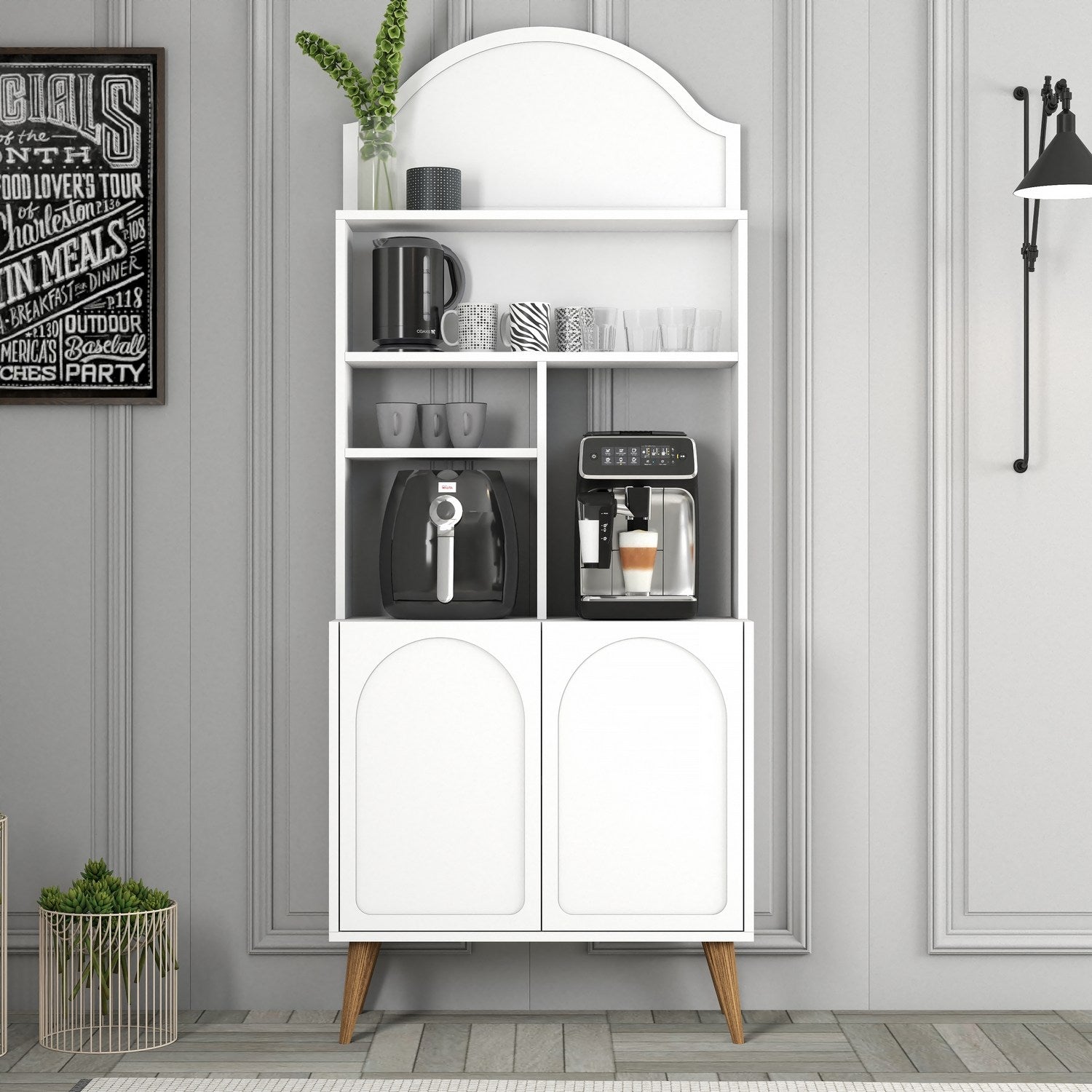 Armário de bar para café – 81.3 cm x 201 cm x 35 cm – Branco e Nogueira – Painéis de partículas revestidos a melamina