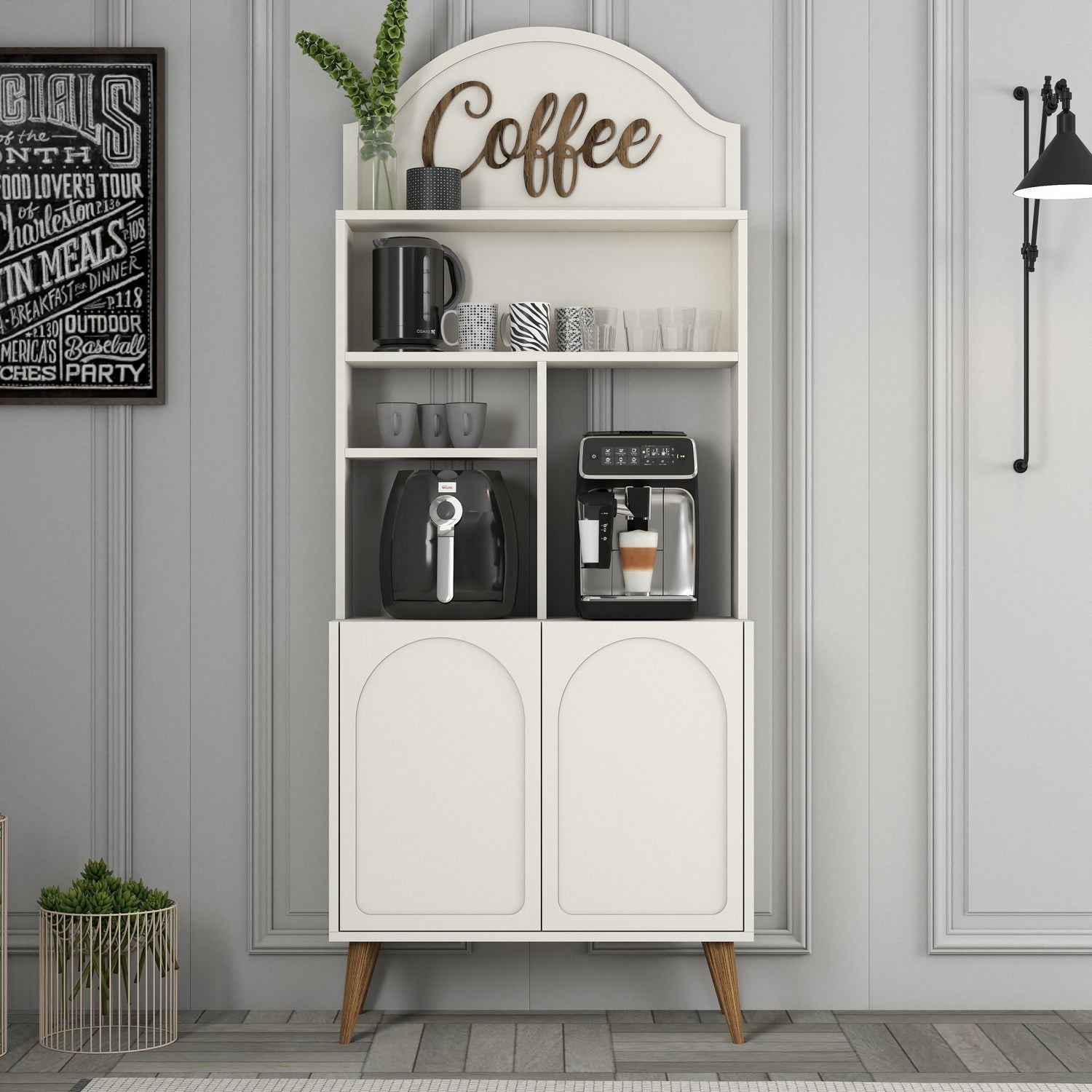 Armário de bar de café – 81.3cm x 201cm x 35cm – Creme e Noz – Painel de Partículas Revestido a Melamina