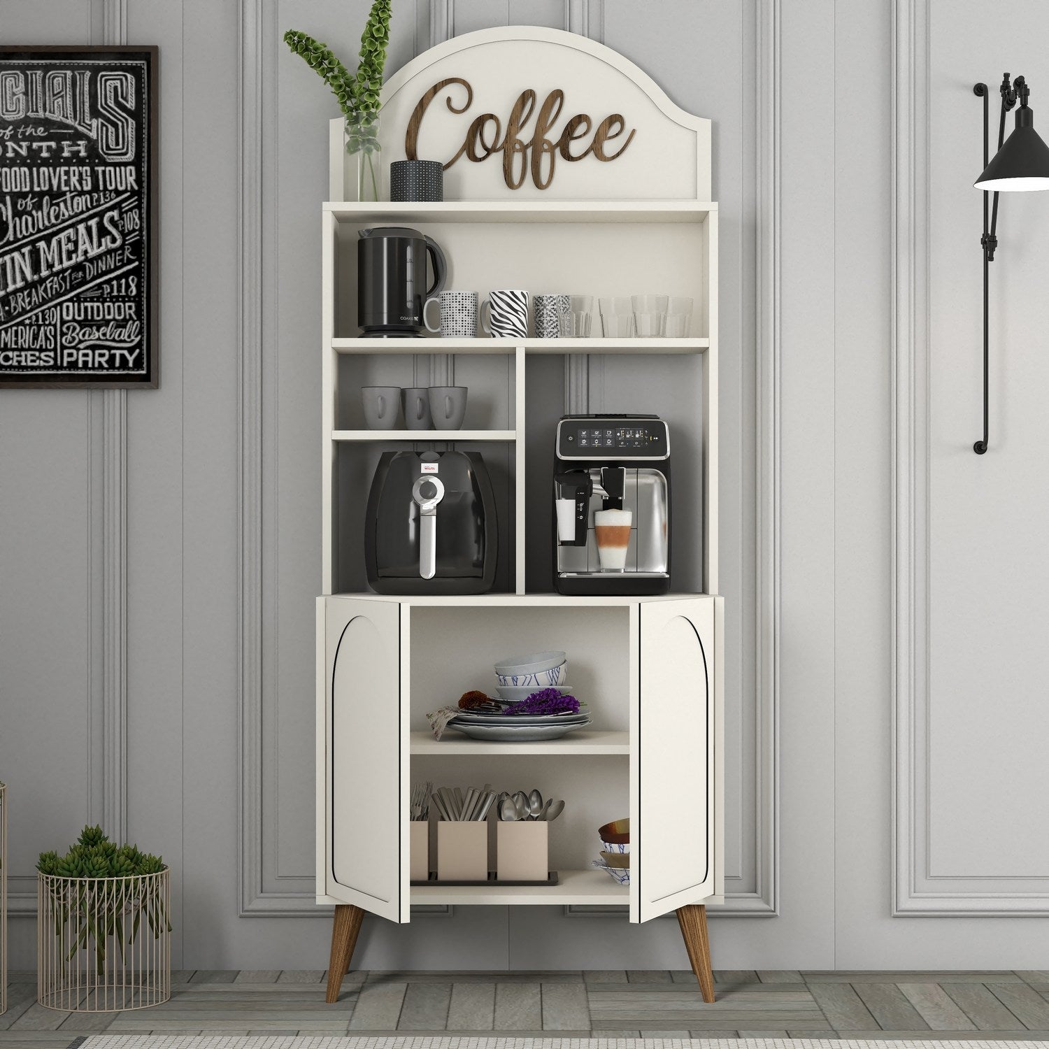 Armário de bar de café – 81.3cm x 201cm x 35cm – Creme e Noz – Painel de Partículas Revestido a Melamina