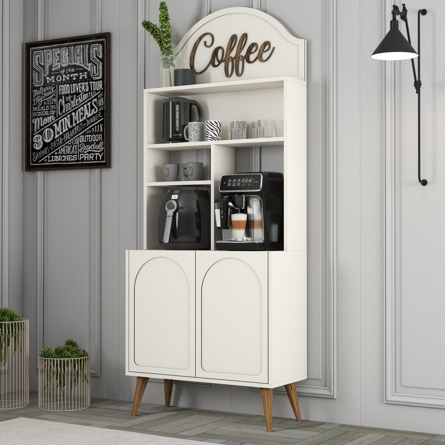 Armário de bar de café – 81.3cm x 201cm x 35cm – Creme e Noz – Painel de Partículas Revestido a Melamina