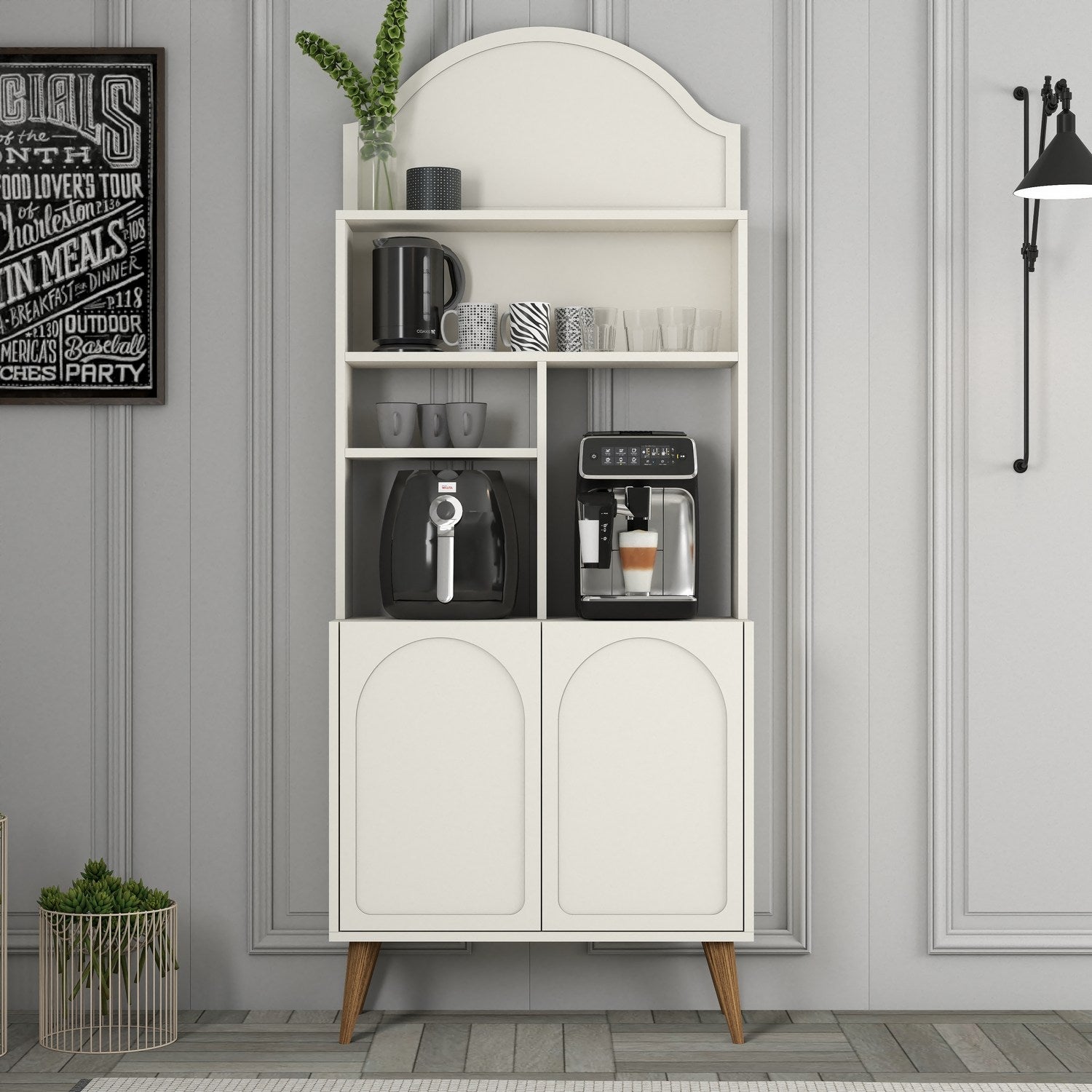 Armário de bar de café – 81.3cm x 201cm x 35cm – Creme e Noz – Painel de Partículas Revestido a Melamina