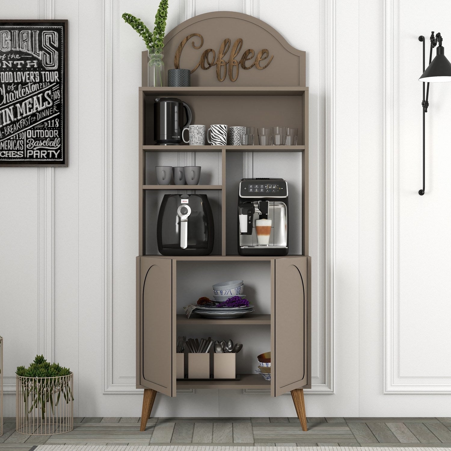 Armário de bar de café – 81.3cm x 201cm x 35cm – Nogueira e Atlas – Painel de partículas