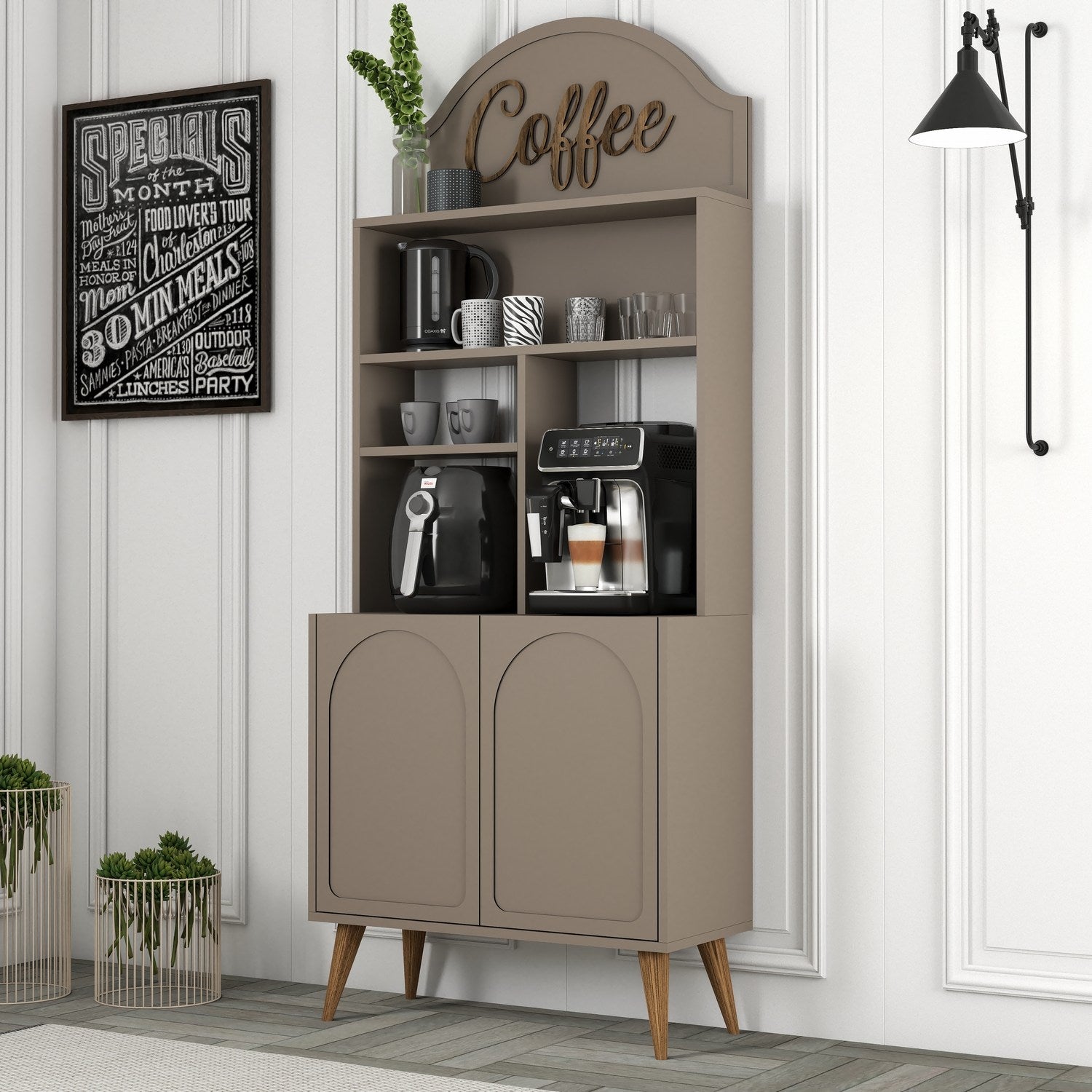 Armário de bar de café – 81.3cm x 201cm x 35cm – Nogueira e Atlas – Painel de partículas