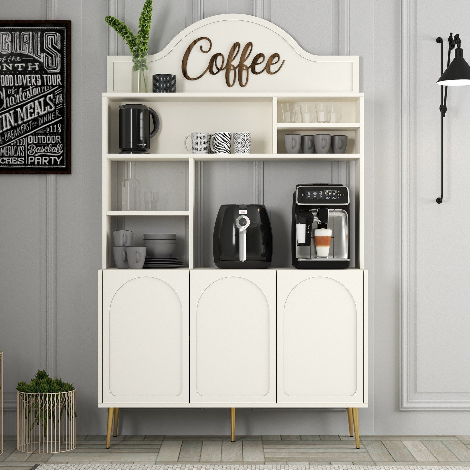 Armário de bar de café – 120 cm x 202 cm x 35 cm – Creme e dourado – Painel de partículas revestido a melamina