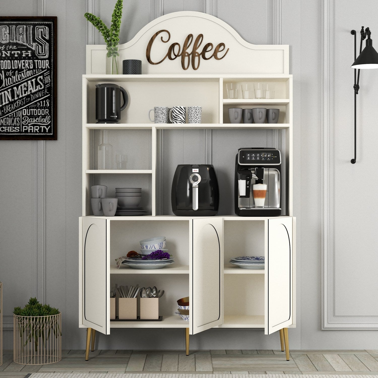 Armário de bar de café – 120 cm x 202 cm x 35 cm – Creme e dourado – Painel de partículas revestido a melamina