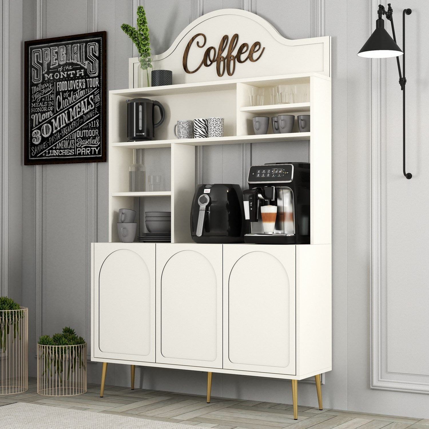 Armário de bar de café – 120 cm x 202 cm x 35 cm – Creme e dourado – Painel de partículas revestido a melamina