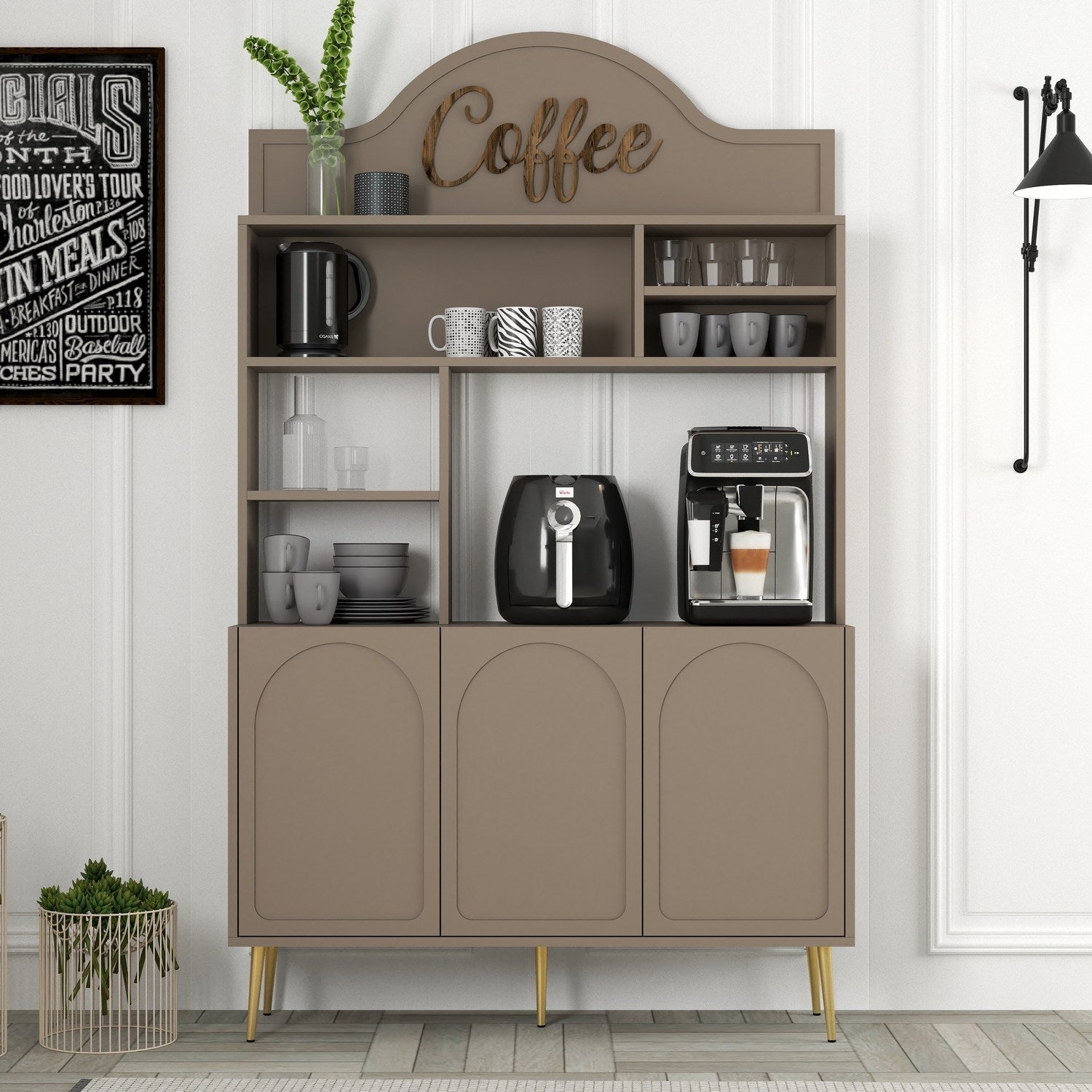 Armário de bar para café – 120cm x 202cm x 35cm – Dourado – Painel de partículas revestido a melamina