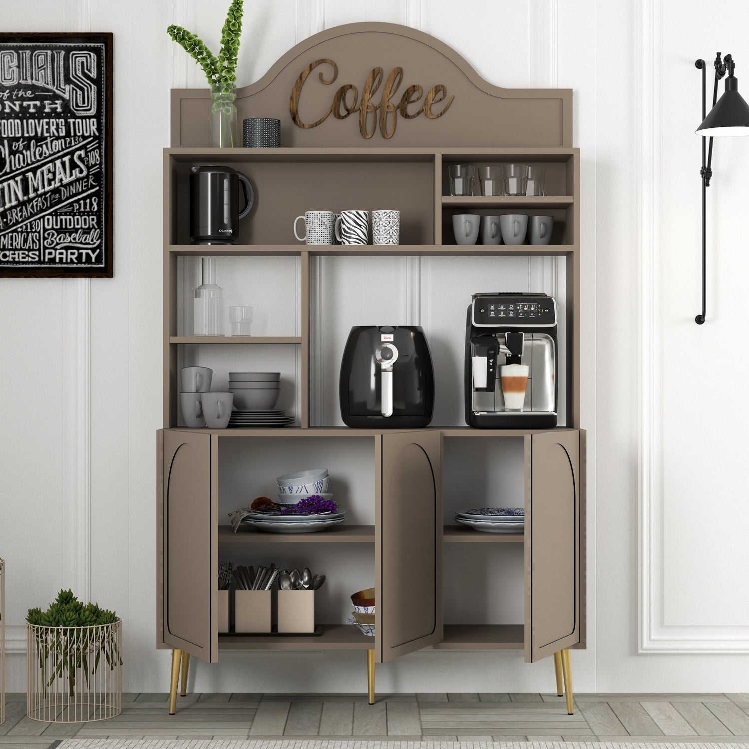 Armário de bar para café – 120cm x 202cm x 35cm – Dourado – Painel de partículas revestido a melamina