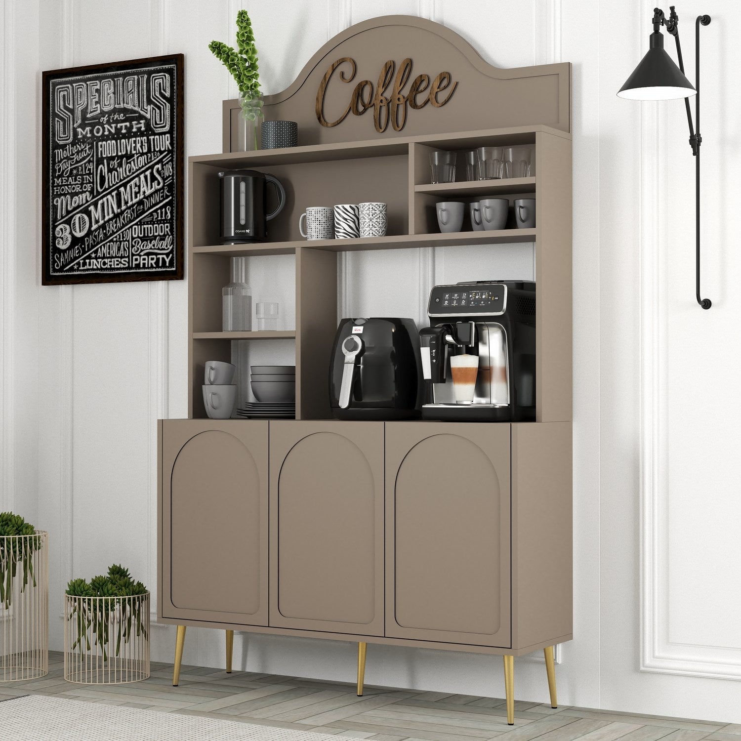 Armário de bar para café – 120cm x 202cm x 35cm – Dourado – Painel de partículas revestido a melamina