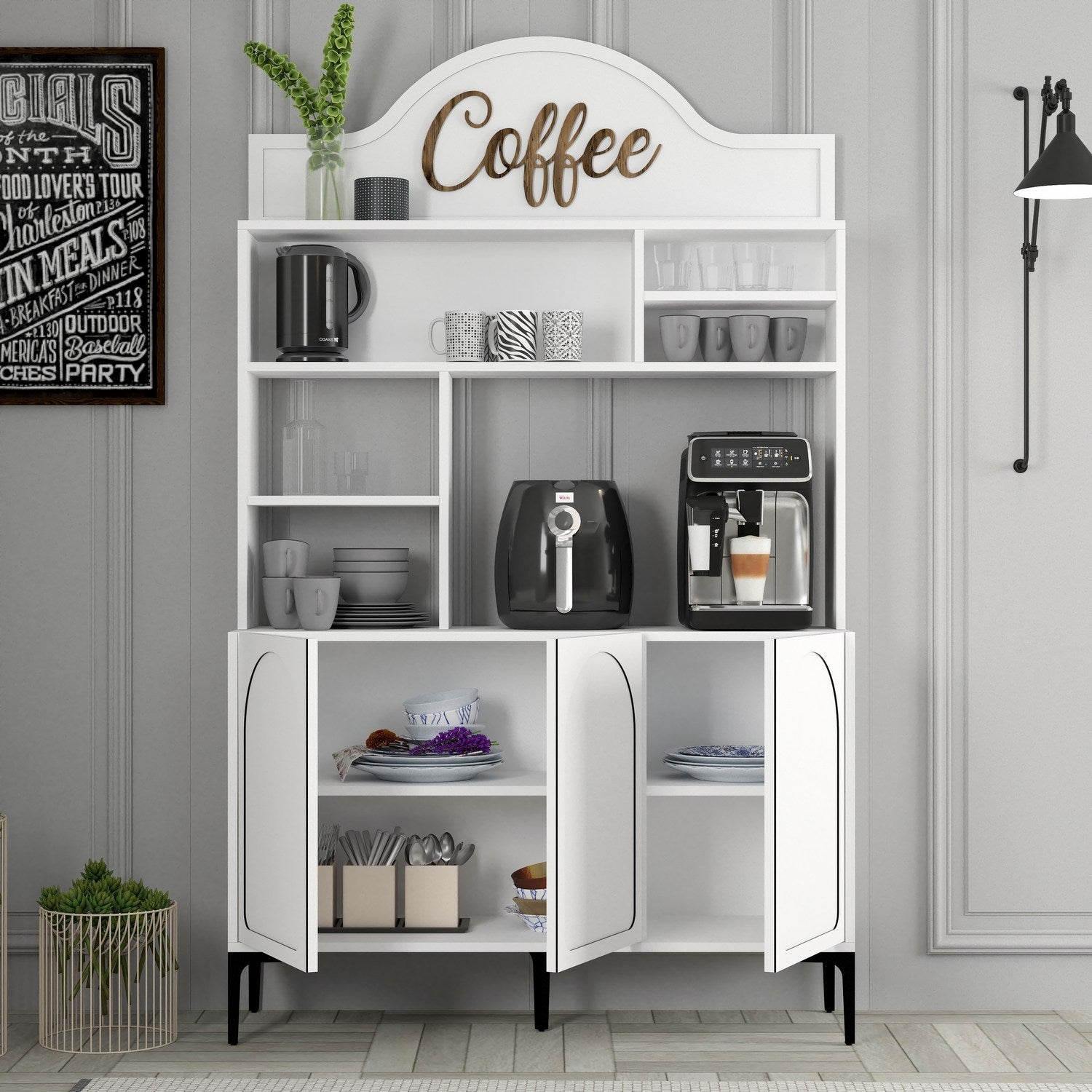 Armário de bar de café – 120 cm x 202 cm x 35 cm – Branco e Preto – Painel de partículas