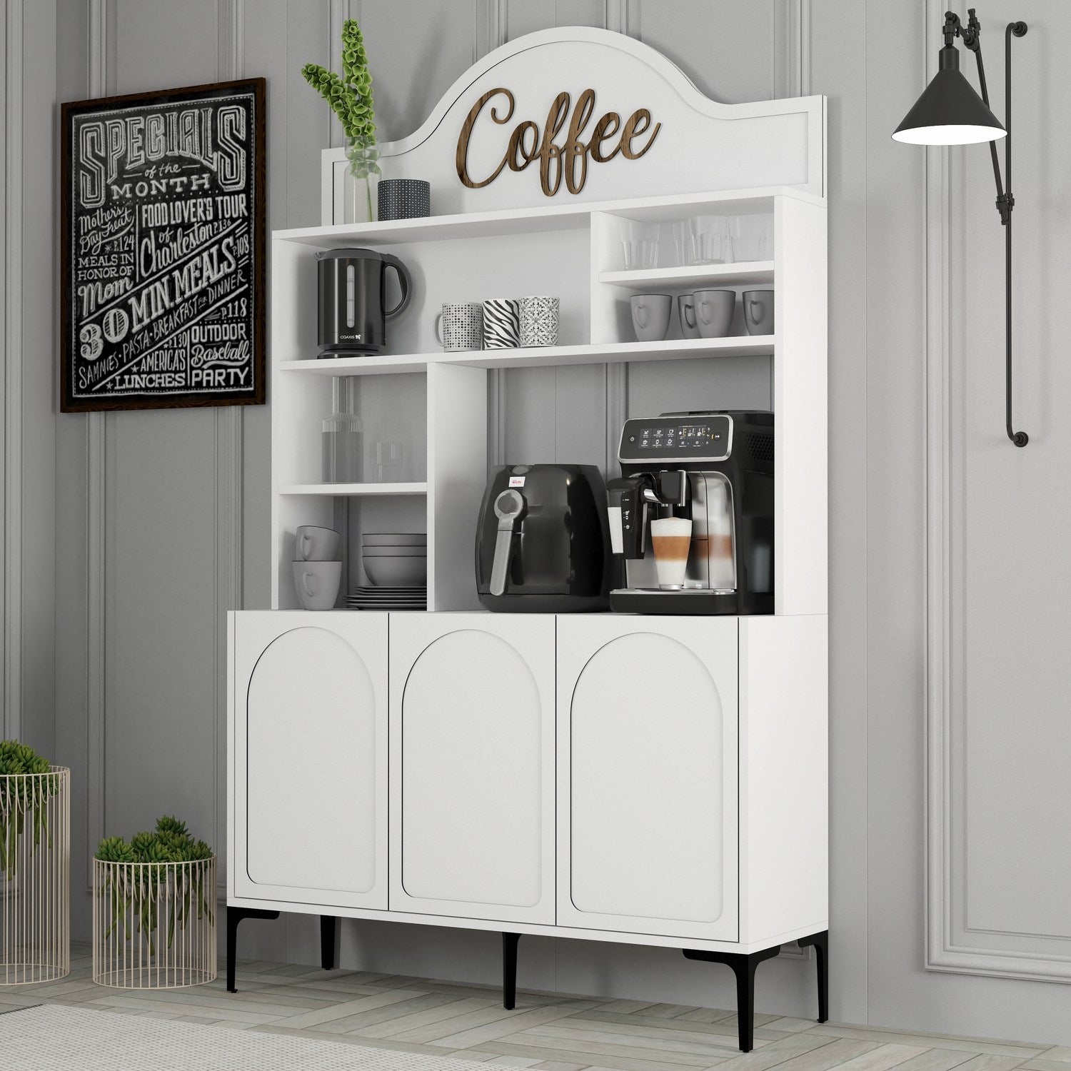 Armário de bar de café – 120 cm x 202 cm x 35 cm – Branco e Preto – Painel de partículas