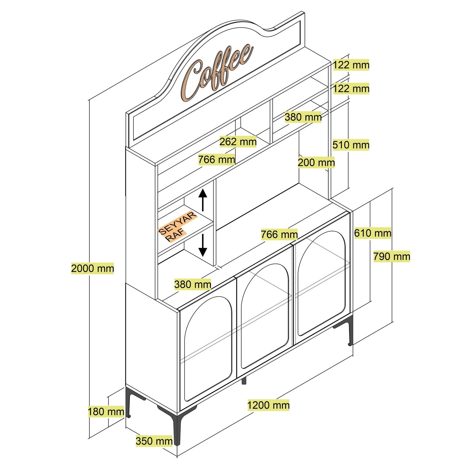 Armário de bar de café – 120 cm x 202 cm x 35 cm – Branco e Preto – Painel de partículas