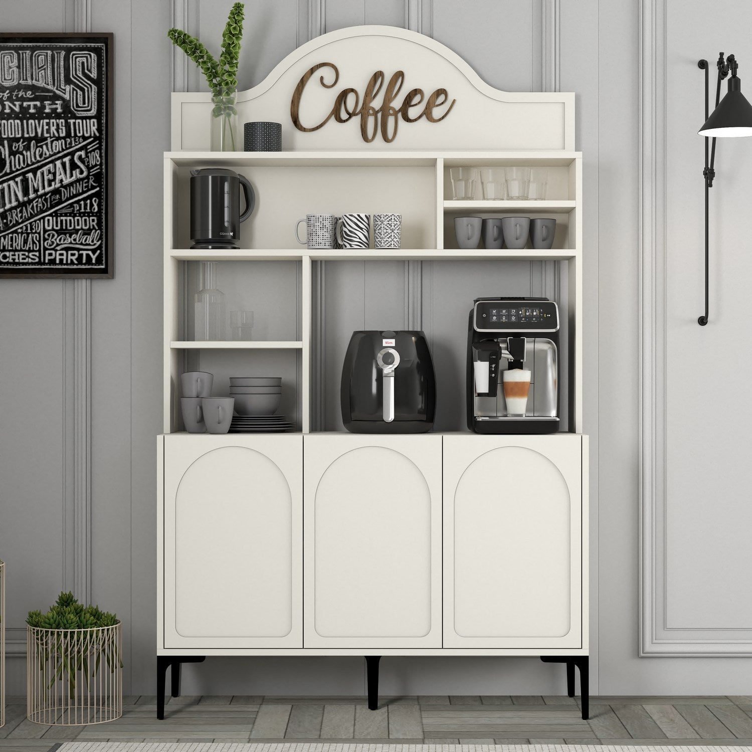 Armário de bar de café – 120 cm x 202 cm x 35 cm – Creme e Preto – Painel de partículas
