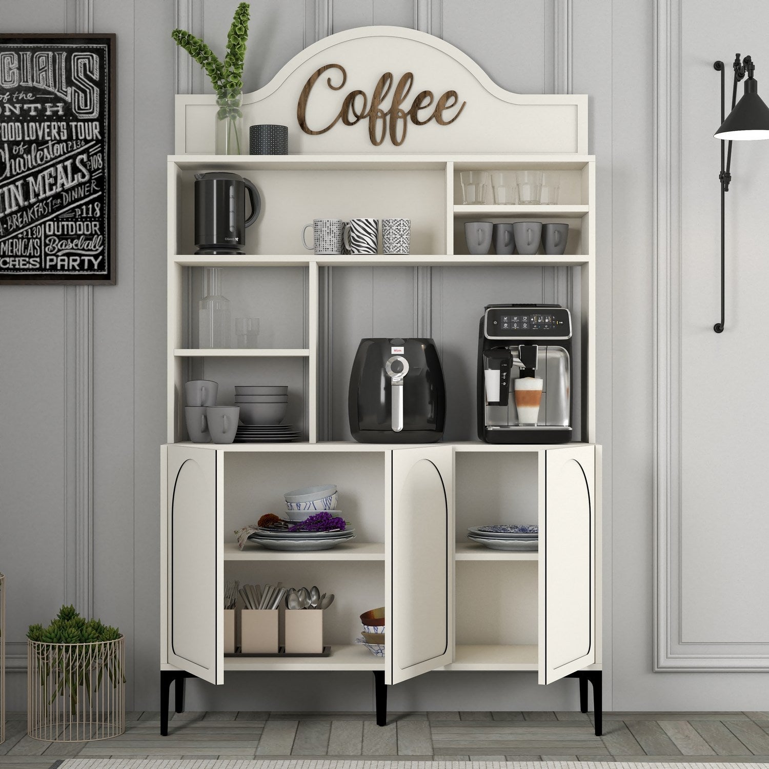 Armário de bar de café – 120 cm x 202 cm x 35 cm – Creme e Preto – Painel de partículas