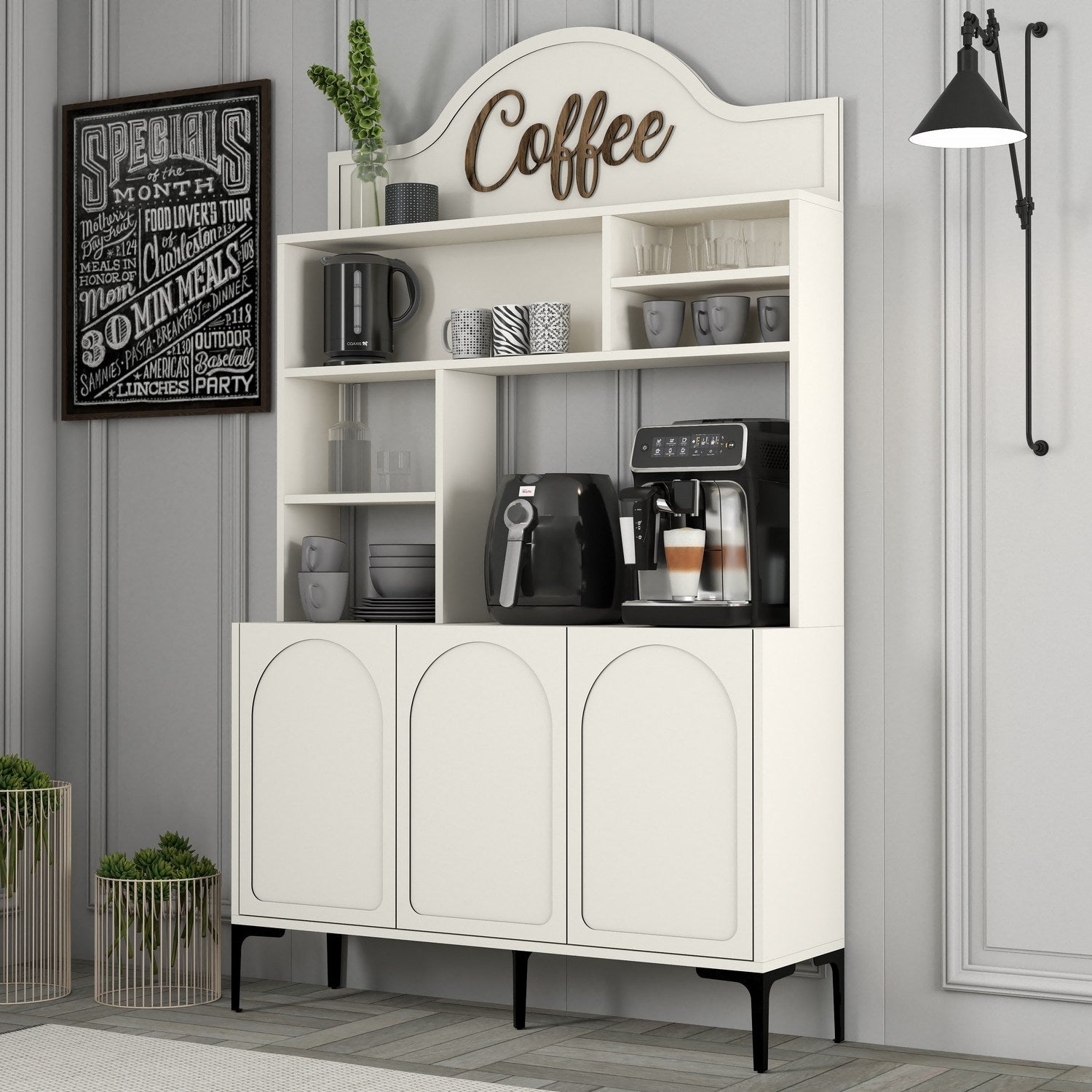 Armário de bar de café – 120 cm x 202 cm x 35 cm – Creme e Preto – Painel de partículas