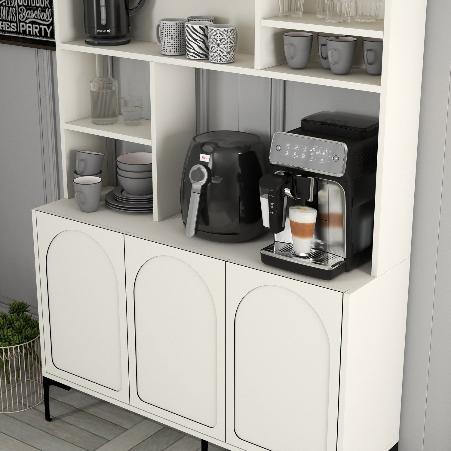 Armário de bar de café – 120 cm x 202 cm x 35 cm – Creme e Preto – Painel de partículas