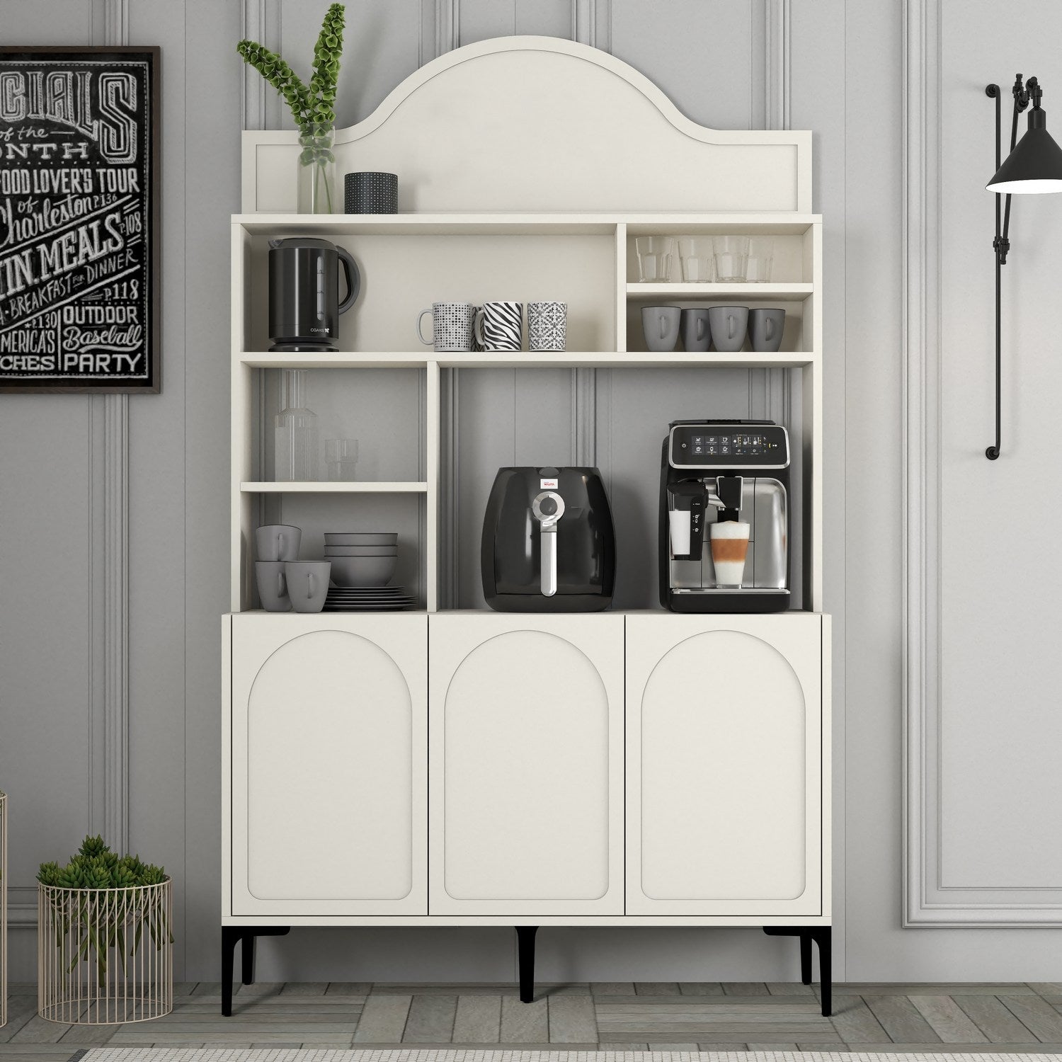 Armário de bar de café – 120 cm x 202 cm x 35 cm – Creme e Preto – Painel de partículas