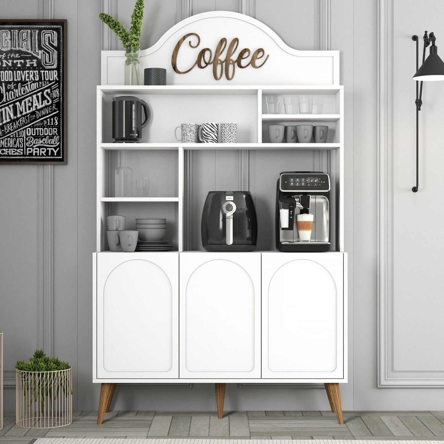Armário de bar para café – 120 cm x 202 cm x 35 cm – Branco e Nogueira – Painel de partículas