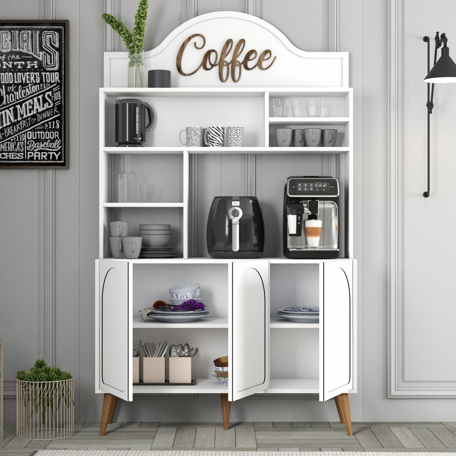 Armário de bar para café – 120 cm x 202 cm x 35 cm – Branco e Nogueira – Painel de partículas