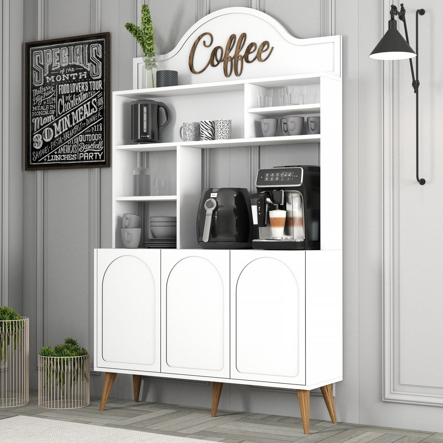 Armário de bar para café – 120 cm x 202 cm x 35 cm – Branco e Nogueira – Painel de partículas