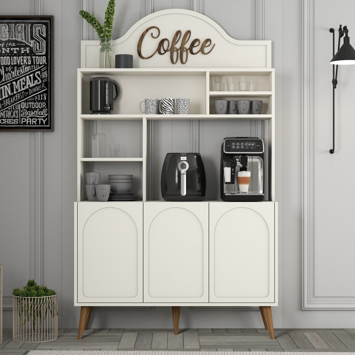 Armário de bar de café – 120 cm x 202 cm x 35 cm – Creme e Noz – Painel de partículas revestido a melamina