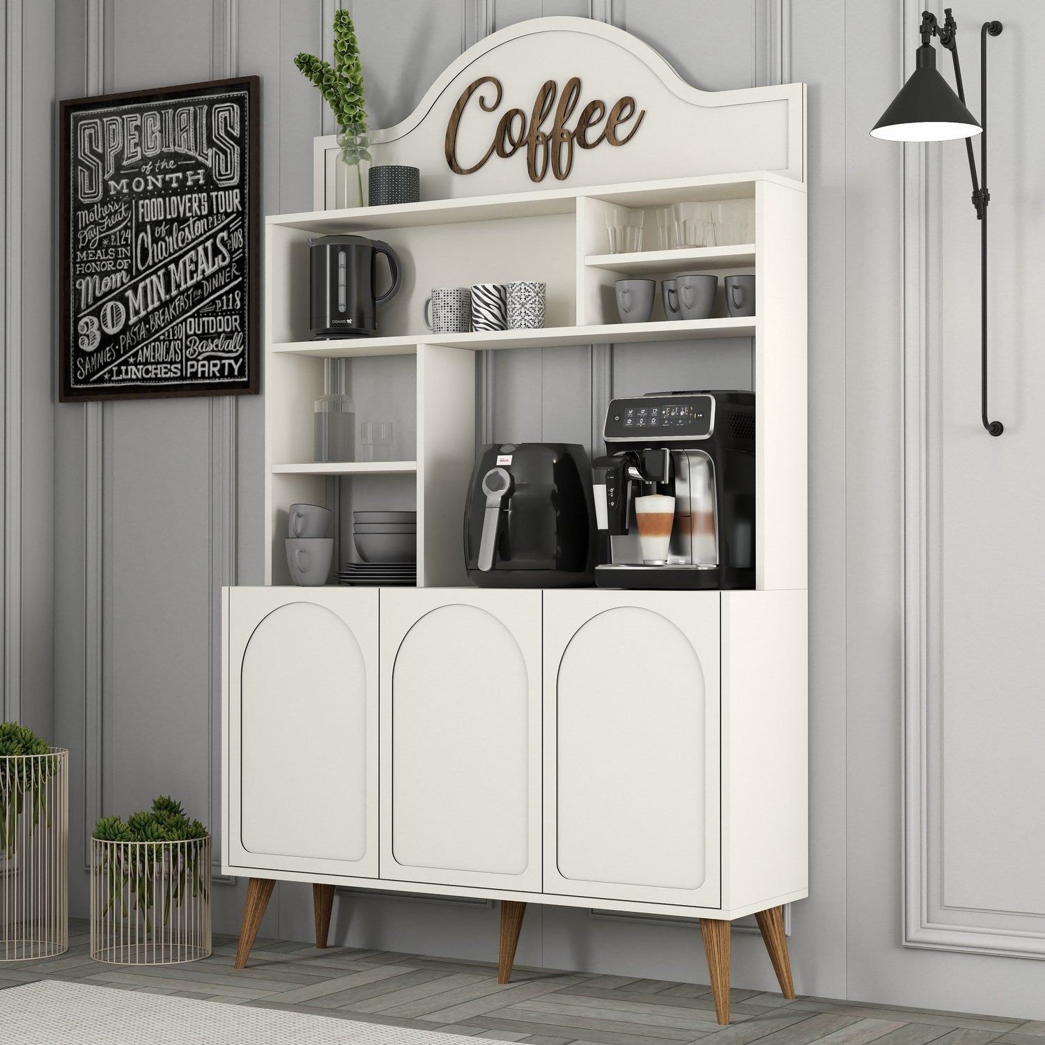 Armário de bar de café – 120 cm x 202 cm x 35 cm – Creme e Noz – Painel de partículas revestido a melamina