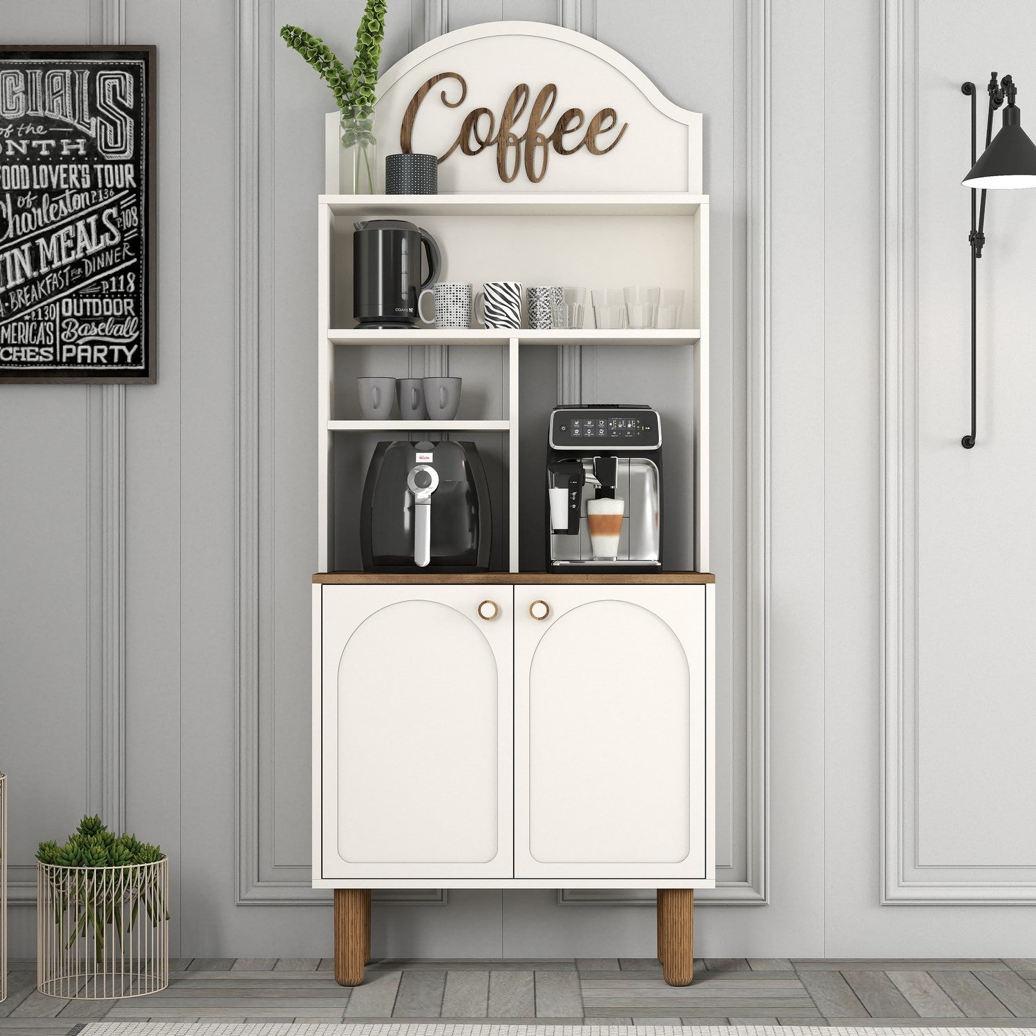 Armário de bar – 81.3 cm x 203 cm x 35 cm – Creme – Painel de partículas revestido a melamina