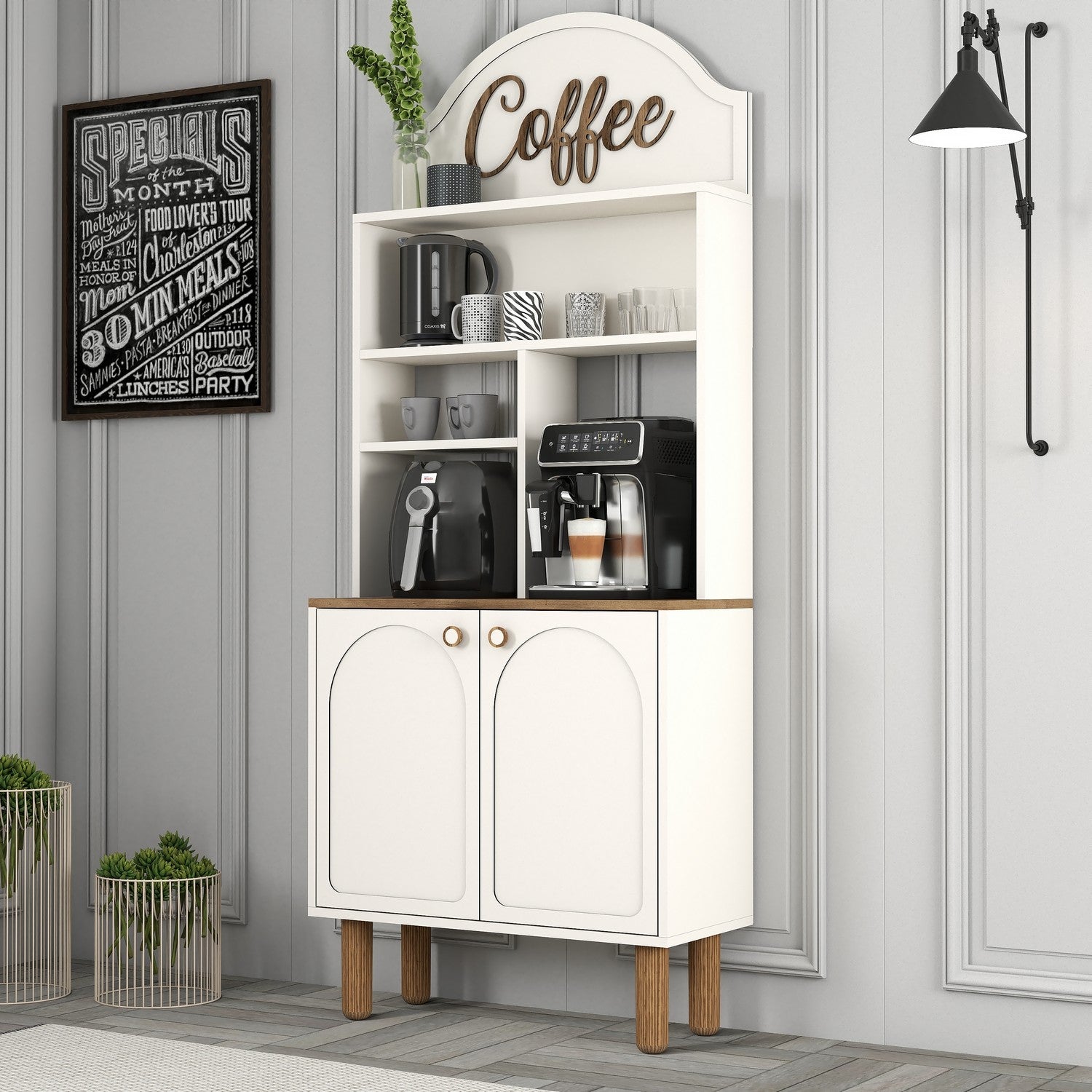 Armário de bar – 81.3 cm x 203 cm x 35 cm – Creme – Painel de partículas revestido a melamina