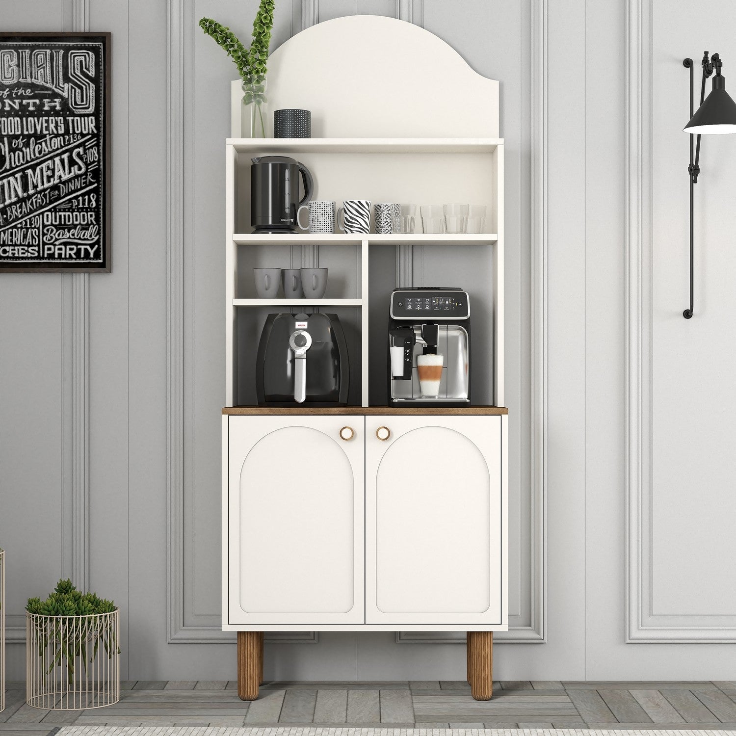 Armário de bar – 81.3 cm x 203 cm x 35 cm – Creme – Painel de partículas revestido a melamina