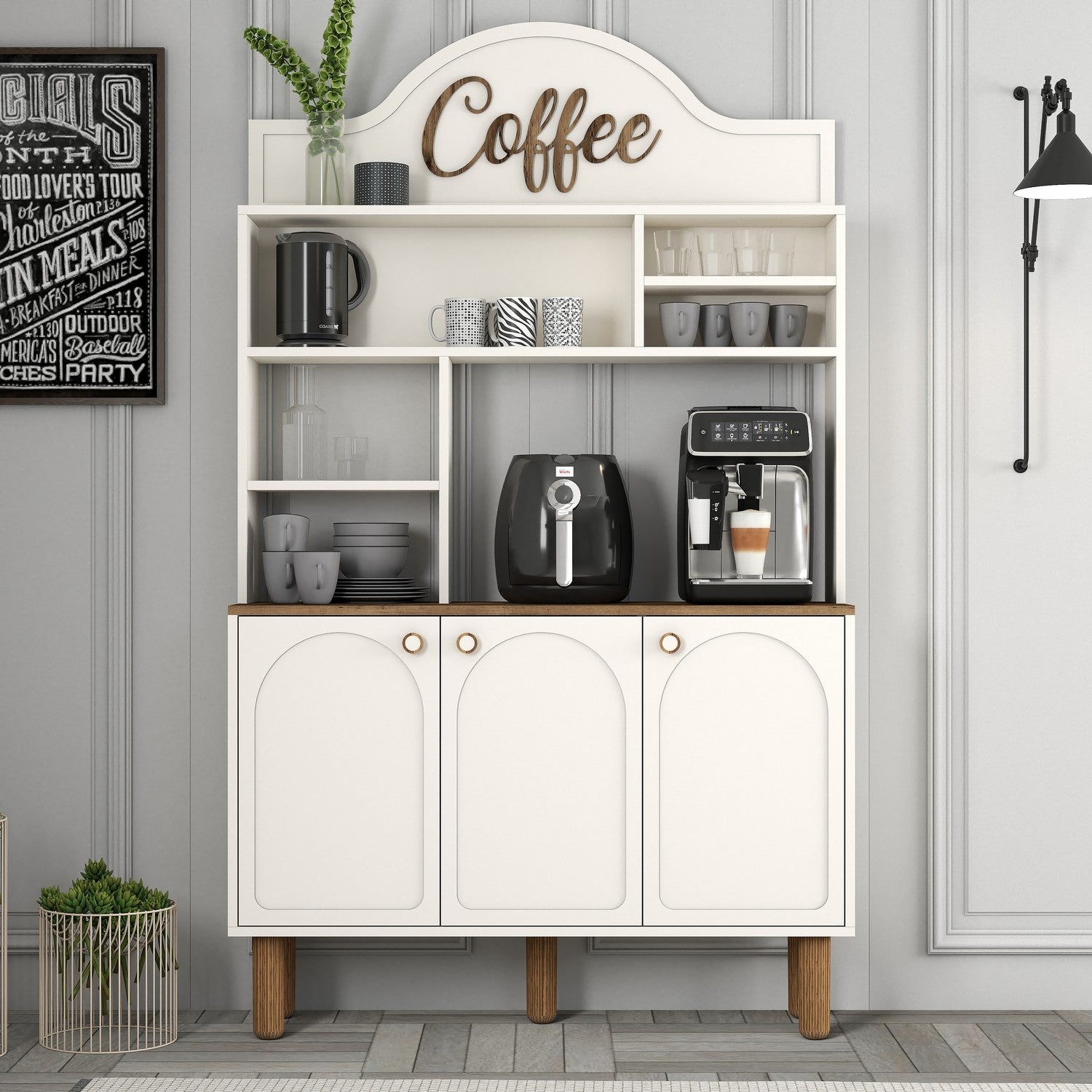 Armário de bar de café – 120 cm x 203 cm x 35 cm – creme – partículas revestidas a melamina
