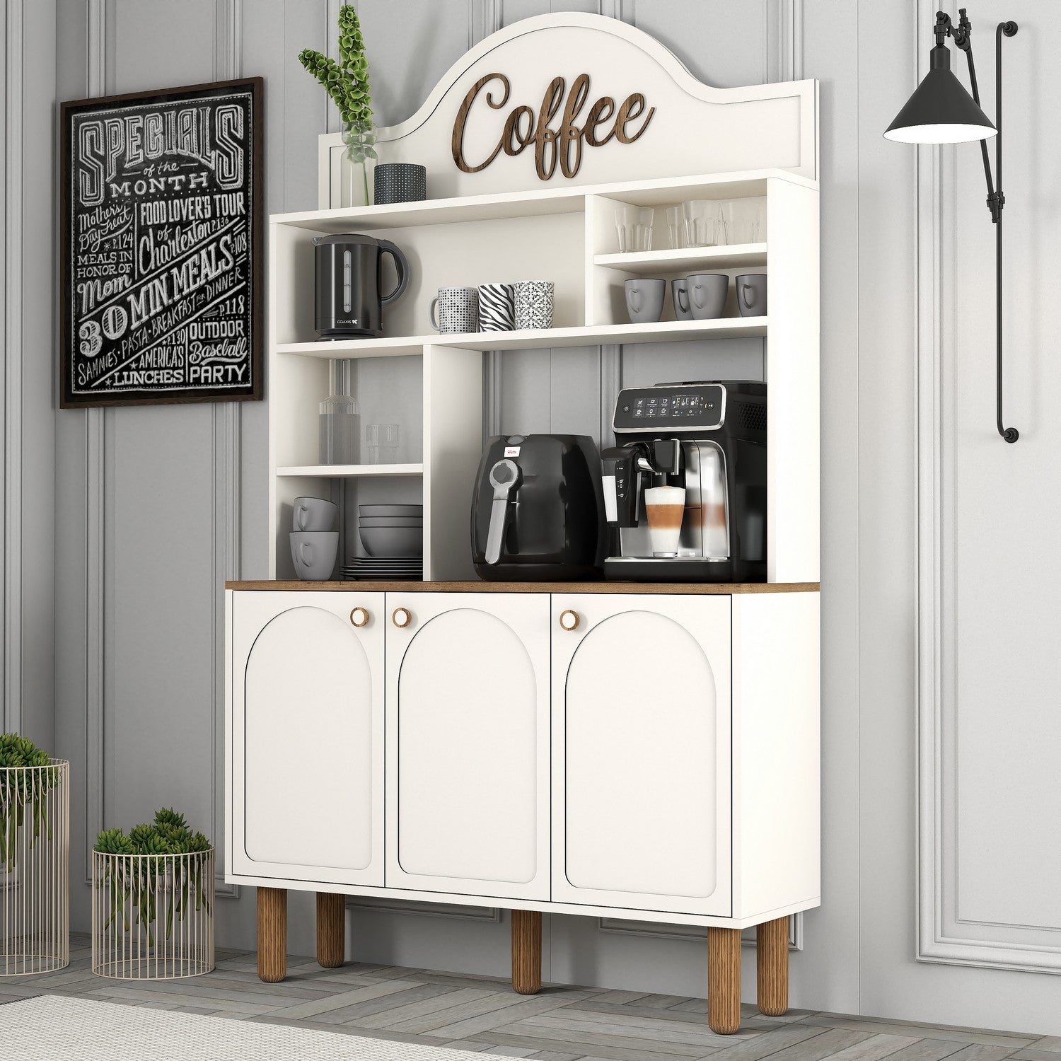 Armário de bar de café – 120 cm x 203 cm x 35 cm – creme – partículas revestidas a melamina
