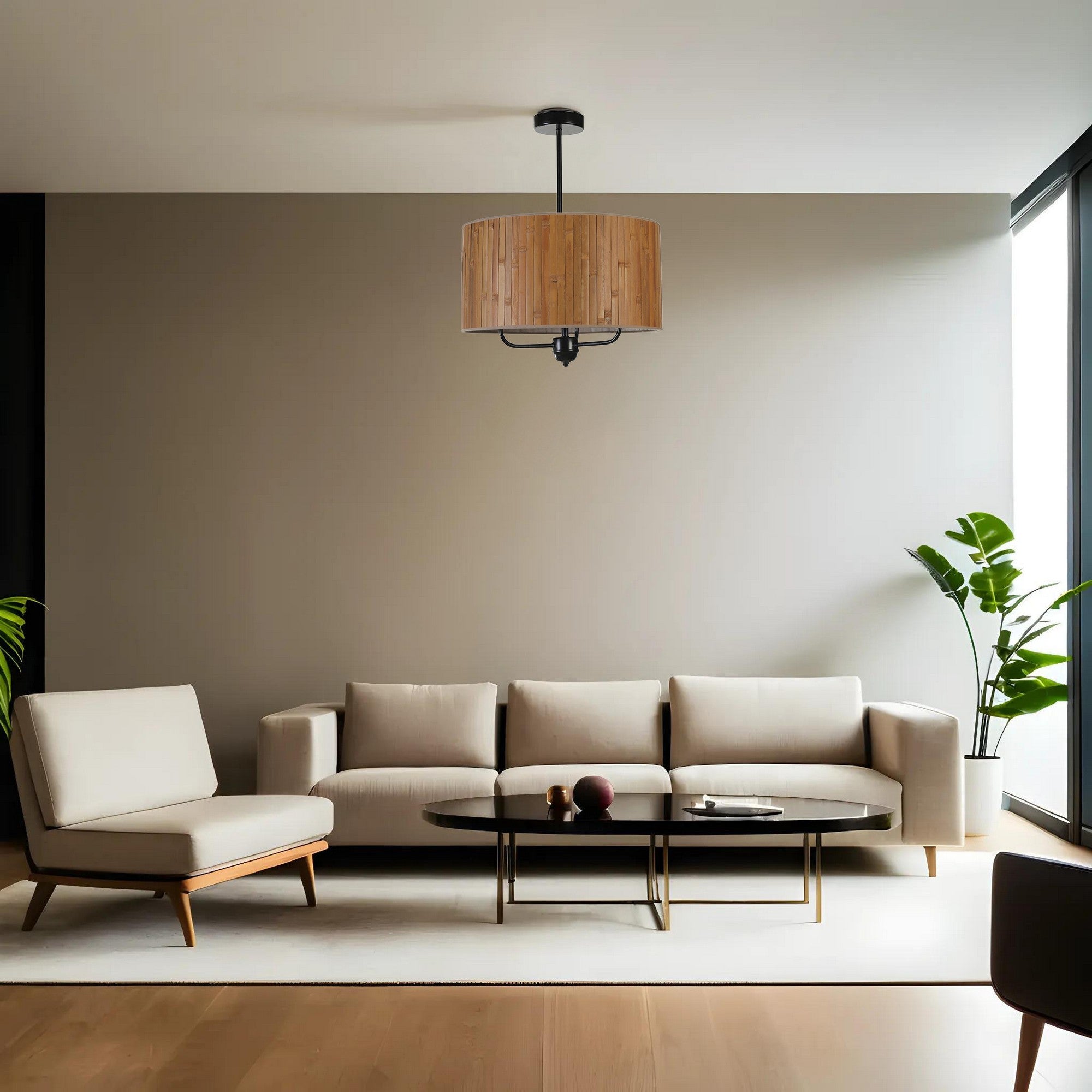 Candeeiro de Teto – 45 cm – Nogueira e Preto – Metálico e Bambu